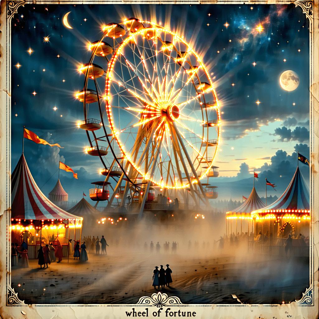 Envision a vintage tarot card capturing the essence of old circus times, centered around a Ferris wheel that embodies the mystical Wheel of Fortune. This Ferris wheel, warped and elongated, floats magically above the ground, its structure transforming into a celestial clock. The scene is bathed in an ethereal glow, with soft glowing auras highlighting key elements, adorned with celestial motifs like stars and moons. The color palette is primarily sepia, enriched with surreal hues, hints of gold, and metallic accents that add a touch of luxury. The image is framed with a weathered border, and the text 'Wheel of Fortune' is integrated in a vintage sepia tone. Surrounding the Ferris wheel, whimsical details, hidden symbols, and Easter eggs invite discovery, while swirling patterns and vortex-like shapes add depth. The texture overlay mimics cracked glass or vintage paper, enhancing the vintage tarot card aesthetic. A dreamlike atmosphere is achieved through subtle motion blur, suggesting movement, and surreal reflections mirror the Ferris wheel in a mystical pool of water, completing this otherworldly scene.