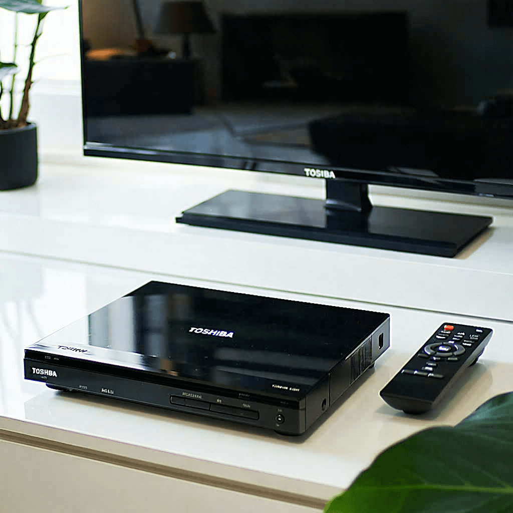 Create a highly detailed, 8k resolution photographic image capturing a Toshiba DVD player paired with a Toshiba TV, both showcasing the welcoming DVD video screen. The scene is lit by soft ambient lighting, emphasizing the contrasting colors between the devices and their surroundings. From a bird's eye view, incorporate a Dutch angle to introduce dynamic tension. The composition should be asymmetrical, with a shallow depth of field to subtly blur the background, drawing attention to the macro close-up texture detailing on the devices. Include dramatic reflections on the surfaces, enhancing the cinematic composition. A subtly placed plant or object in the foreground adds depth, while the scene's high contrast and low brightness evoke a mood of sophisticated technology. An opened DVD case sits next to the setup, adding an element of visual storytelling, inviting the viewer into a moment of anticipation.