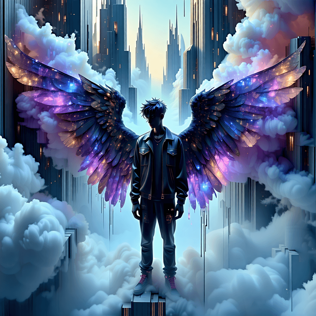Create a surreal artwork capturing the essence of a rebellious figure, dubbed the 'Bad Boy', whose presence is accentuated by dreamlike, otherworldly elements. Envision him standing confidently with biomechanical wings unfurled, amidst a floating array of ethereal clouds and glowing, oversized objects that defy gravity. The backdrop is an upside-down cityscape, where ancient runes shimmer on futuristic buildings, suggesting a mélange of multiple time periods. Surrounding him is a mirror maze that distorts reflections, stretching limbs and warping proportions, adding a layer of mystique. Floating geometric polygons drift through the air, hinting at abstract thoughts made visible. His hand holds a key emitting a bioluminescent glow, symbolizing access to an unknown, possibly forbidden realm. This scene is bathed in surreal lighting, enhancing the dreamlike quality and blending the boundaries between nature and technology, reality and fantasy.