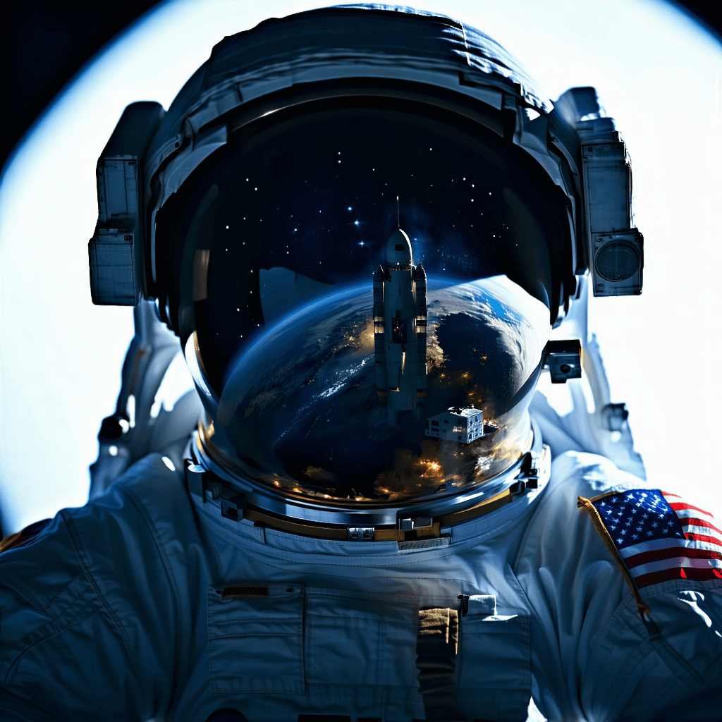 Craft a photographic image capturing an astronaut adrift in the void of space. The scene is illuminated by dramatic, directional lighting that emphasizes the stark, desolate beauty of space, while a shallow depth of field isolates the astronaut, with a particular focus on the reflection in the visor. This reflection reveals a clear, slightly distorted image of the astronaut's spaceship. The composition positions the astronaut off-center, adhering to the rule of thirds, against a backdrop of distant stars and perhaps a planet to suggest scale. The color palette is desaturated, with a notable exception: a pop of blue that evokes a classic space feel. The astronaut's movement is hinted at with subtle motion blur, and reflective surfaces on the spacesuit and spaceship catch the light, showcasing their textures. Elements of sci-fi, like holographic displays or a HUD, hover around the astronaut, enhancing the futuristic setting. A subtle lens flare suggests the unseen sun, adding a layer of realism and depth. This image is from the astronaut's point of view, immersing the viewer in the vast, lonely expanse of space. The image should be rendered in 8k resolution, with highly detailed textures, sharp focus, and professional-grade post-processing for a realistic, cinematic composition.