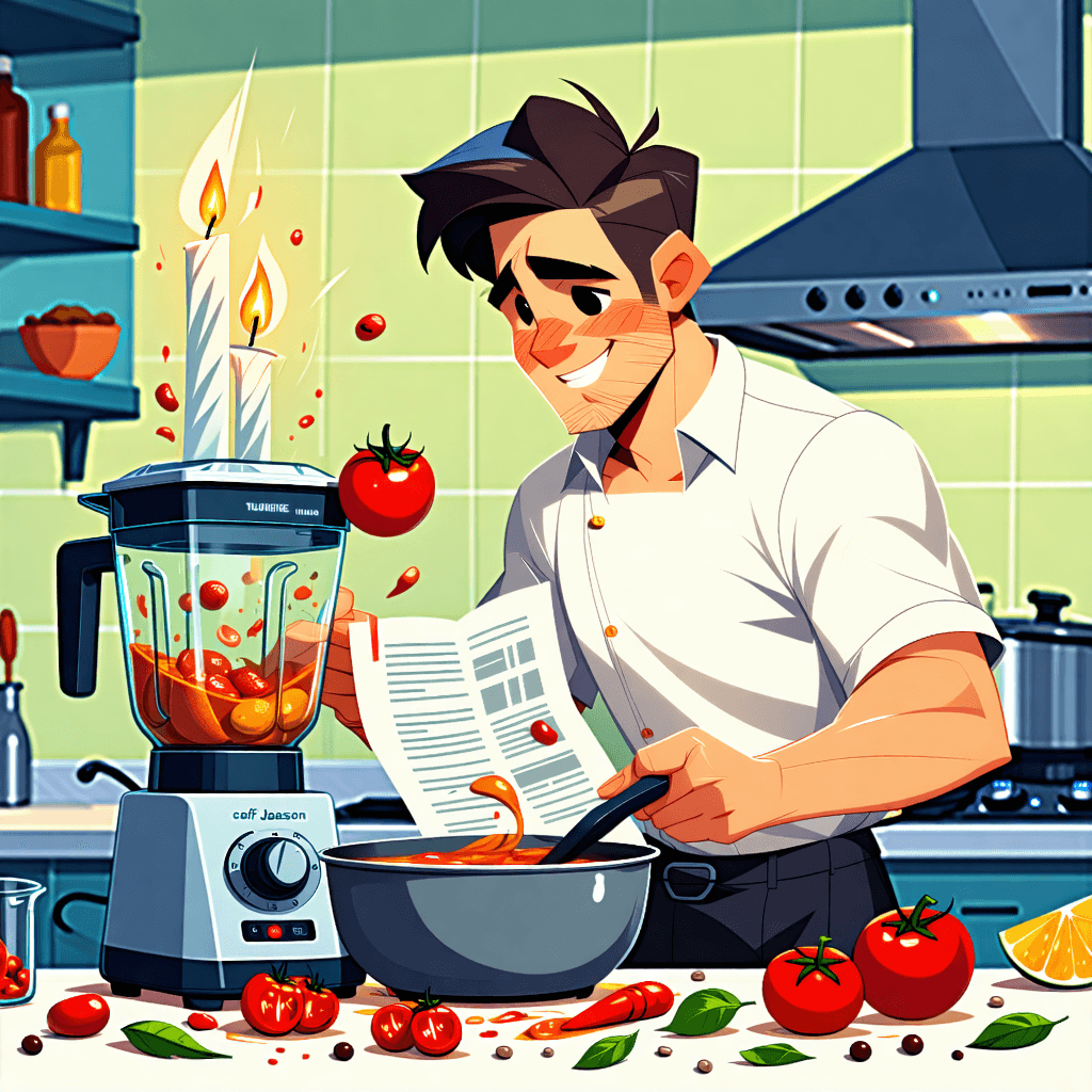 Date Night Disaster – Saved by TurboWhirl 9000”]

[Scene 1 – INT. KITCHEN – EVENING]

(Romantic music plays. Candles are lit. A guy, JASON, is dressed up, nervously reading a recipe while holding a tomato upside down.)

JASON (muttering):
Okay… dice the onion, blend the soup… how hard can it be?

(He throws ingredients wildly into a blender that looks like it was built during the Cold War.)

JASON (grinning proudly):
Chef Jason in the house.

(He hits "blend" — the blender SCREAMS like a jet engine, then explodes tomato all over the ceiling. He stands frozen, covered in red goo.)

JASON:
...That’s a war crime.

[Scene 2 – INFOMERCIAL STYLE – WHITE BACKDROP, EPIC LIGHTING]

NARRATOR (deep, dramatic voice):
Introducing the TurboWhirl 9000. The blender that doesn't blend — it obliterates!

(Footage of the TurboWhirl 9000 turning an entire pineapple into mist. A brick is pulverized into powder. A smoothie practically materializes out of thin air.)

NARRATOR:
Steel blades. 1000 watts. 1 mission: no chunks.

[Scene 3 – BACK TO JASON’S KITCHEN]

(Doorbell rings. His date, LUCY, arrives. Jason opens the door — spotless, holding two perfectly blended smoothies.)

LUCY (surprised):
Wow! Smells amazing! You cook?

JASON (smiling smugly):
Let’s just say... I have a little help.

(He winks. Cut to the TurboWhirl 9000 on the counter — glowing like it’s sentient.)

TURBOWHIRL (robotic voice, whispering):
You’re welcome, Jason.

[Scene 4 – LOGO + SLOGAN]

(Product shot, flames behind it like an action movie.)

NARRATOR:
TurboWhirl 9000 — So powerful, it might just replace you.

[END]