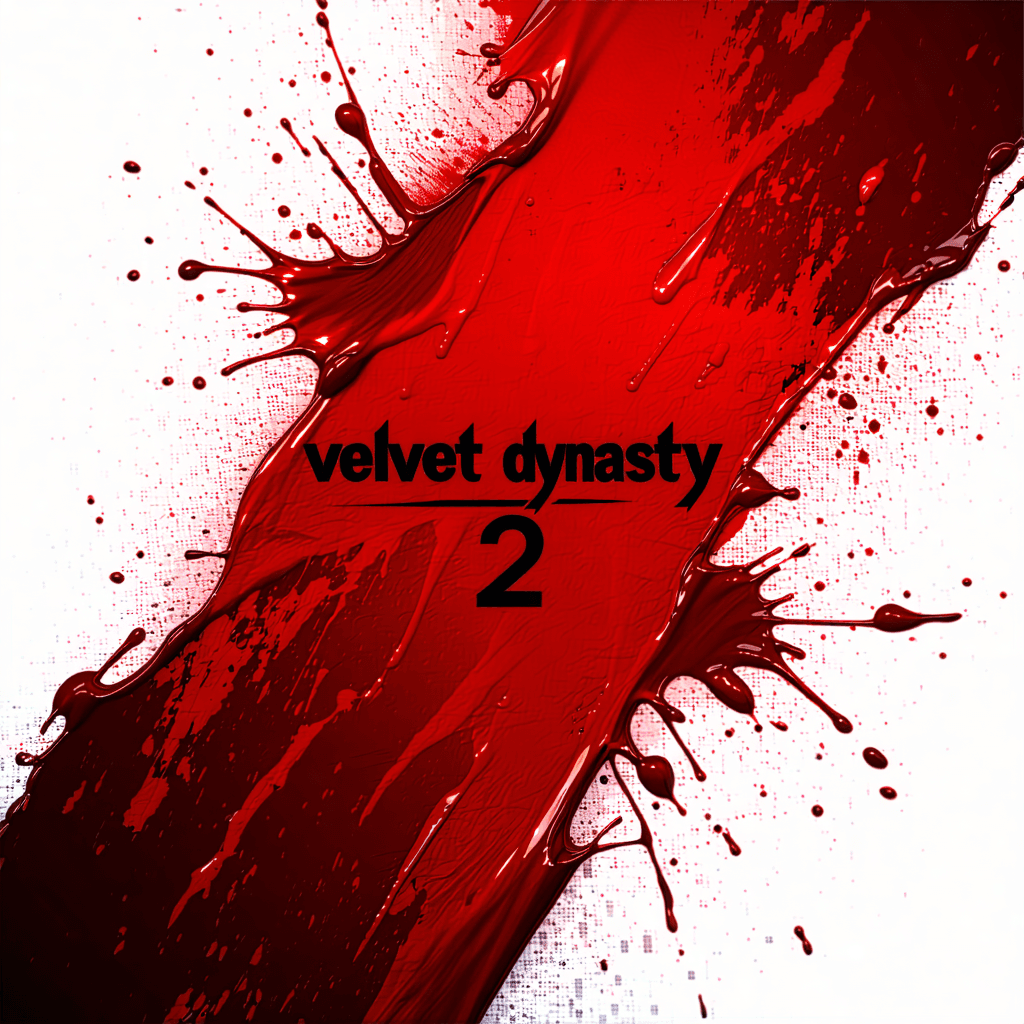 Craft a wide-format hero banner for 'Velvet Dynasty 2', where the essence of the title is encapsulated in a visually striking blood-themed title card. Imagine a canvas where dynamic blood splatter, in a rich gradient from dark crimson to a brighter scarlet, diagonally sweeps across, setting a dramatic stage. Within this turbulent sea of red, the title 'Velvet Dynasty 2' emerges, ingeniously integrated within the largest blood splatter, as if written by the movement itself, using a font that recalls the luxurious texture of velvet. This textural motif extends to the borders, where a velvet embossed effect adds a tactile depth, framing the composition. Spotlight illumination from above casts an eerie glow, enhancing the contrast and focusing the viewer's attention squarely on the title, which is surrounded by a meticulously designed blood frame. Adding a layer of symbolism, a subtle silhouette of a blood sword is interwoven with the splatter, hinting at the narrative's core. Gold accents dot the scene, providing a regal contrast to the dominantly red palette, while a mist of blood fog adds an atmospheric mood, enveloping the scene in a sense of foreboding. The overall effect is one of dynamic movement, rich textures, and deep symbolic resonance, perfectly setting the tone for the 'Velvet Dynasty 2'.