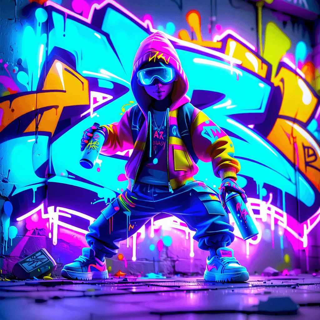 Imagine a character that embodies the spirit of street art, emerging dynamically from a vibrant, neon-lit graffiti scene. This character, designed with a graffiti realism fusion style, strikes a dynamic pose, full of energy and attitude, as if caught in the act of creating. They are surrounded by wildstyle lettering spelling out 'AZAR' in bold, neon colors, each letter bursting with gritty textures and graffiti tag symbols that enhance the vandalistic feel. The character holds graffiti spray cans, ready to add to the urban masterpiece. Behind them, a concrete wall, rich in texture, serves as the canvas, set against a cityscape silhouette under the cover of night. The scene is framed diagonally, adding to the dynamic composition, with graffiti lighting effects casting dramatic shadows and highlighting the vibrant colors against the urban elements of the brick wall background. This is a celebration of street art culture, blending realism and imagination.