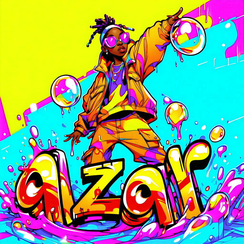 "Visualize a character who personifies the essence of urban art, spontaneously materializing from a vivid, sunset-illuminated graffiti setting. This character, illustrated with a fusion of graffiti and pop art styles, takes an expressive stance, packed with zeal and sass, as though captured in the process of painting. They are encircled by bubble style graffiti spelling out 'AZAR' in audacious, sunset hues, each letter exploding with rough textures and street art symbols that intensify the rebell