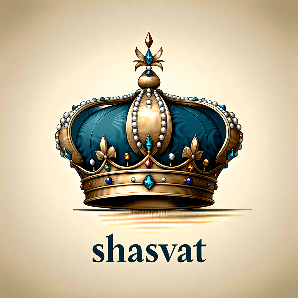 Craft a logo for the 'Shasvat' jewellery brand that exudes an aura of royalty and class, yet retains a minimalist charm. The logo should center around a crown symbol, embodying dynamic motion through glimmering effects that suggest luxury and movement. Incorporate rich jewel tones to convey opulence, using elegant serif fonts that speak to sophistication. The design must have a symmetrical composition, with clean lines and geometric shapes to maintain minimalist elegance. Add subtle opulence by integrating hidden gemstone details, ensuring the metallic finish shines with luxurious reflections. High contrast elements should make the logo pop, while the square format is optimized for Instagram, ensuring the logo is eye-catching and shareable on mobile devices.