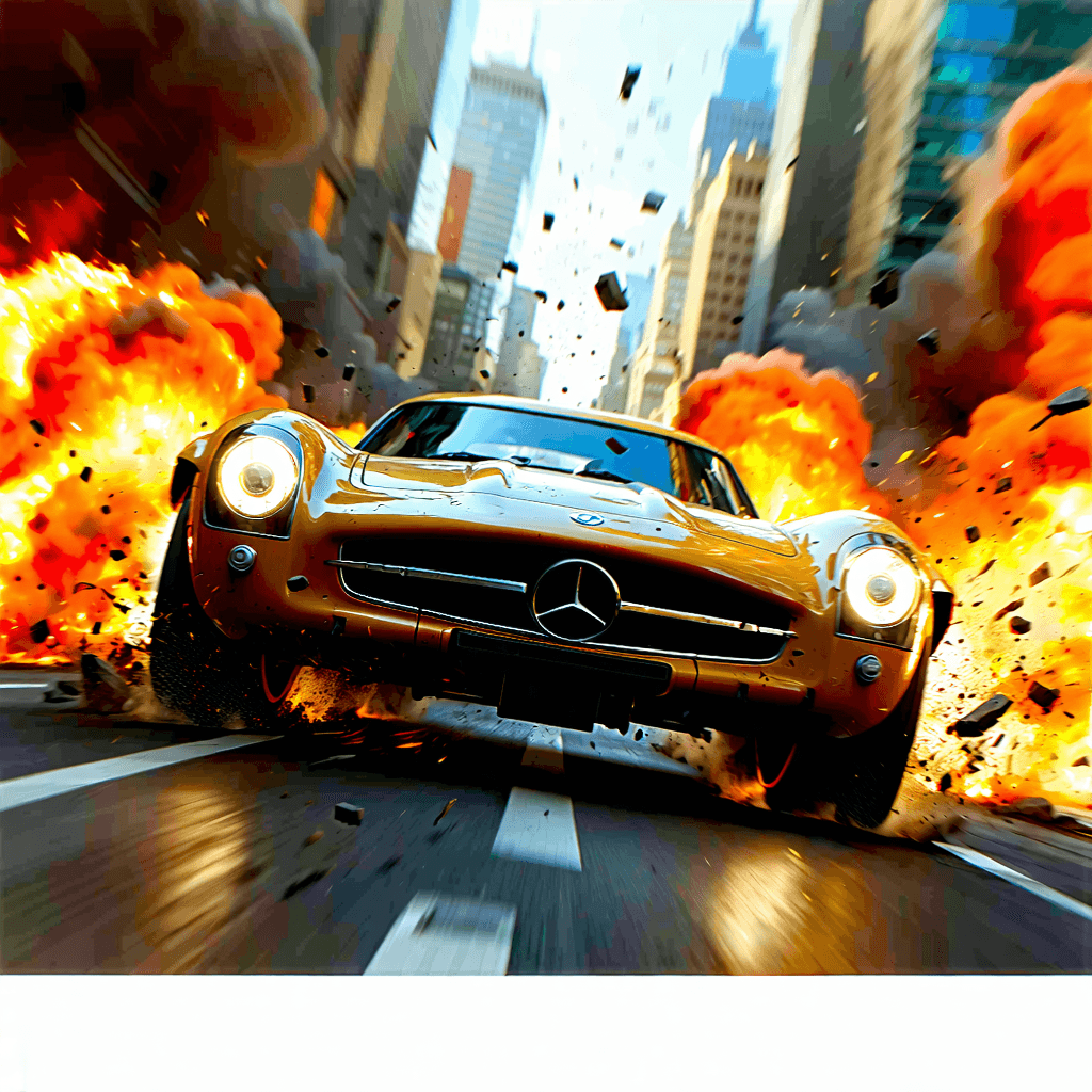 Craft a high-octane YouTube thumbnail for a Burnout Paradise game video, capturing a cinematic moment where a Burnout Paradise car is caught mid-air, flipping amidst a dramatic crash. The scene is alive with debris and fire exploding in all directions, accentuated by strong motion blur to convey the speed and intensity of the moment. The background is a blurred city street, a maelstrom of chaos and smoke, enhancing the sense of urgency. Employ a color scheme dominated by fiery oranges and intense reds to evoke adrenaline and action. Utilize dynamic angles, specifically an extreme Dutch angle, to add to the scene's explosive energy. The composition should be dynamic, with diagonal lines guiding the eye, and make strategic use of dramatic negative space to highlight the main action. Details of the crash impact should be vivid, with glowing fire highlights and enhanced particle effects to bring the scene to life. The depth of field is shallow, focusing on the car and its immediate surroundings, while text elements burst onto the scene with explosive effects, mirroring the chaos of the crash.