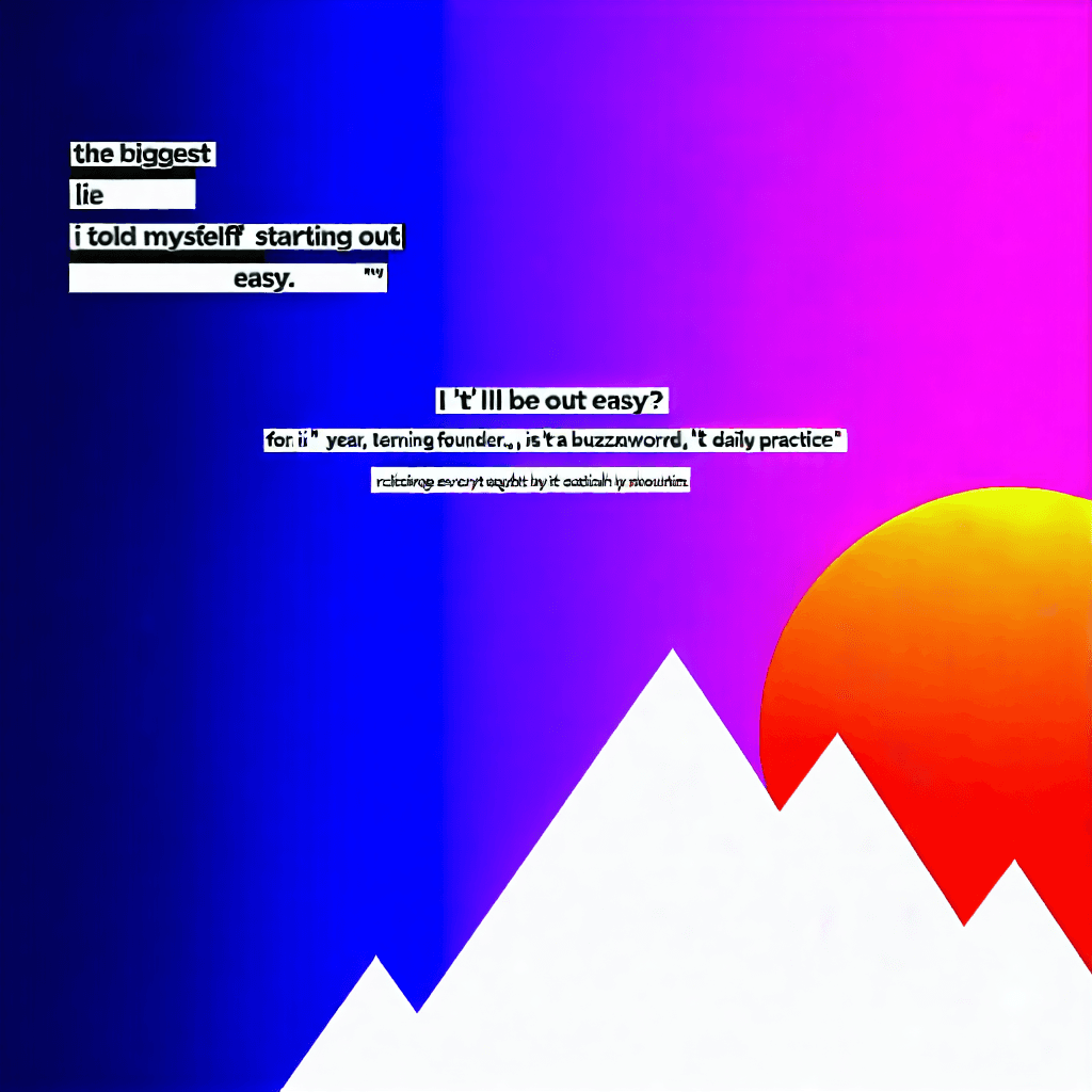 # Style
Modern inspirational quote poster with a clean, minimal design and strong typography. Use a soft gradient background (e.g., deep blue to purple or sunrise orange to pink), with bold white text and subtle icons (like a mountain or staircase) to symbolize growth and challenge.

# Text
"The biggest lie I told myself starting out?  
**'It'll be easy.'**

Every founder faces hurdles. For a young founder, the learning curve can feel vertical.

My first year taught me resilience isn't just a buzzword; it's a daily practice. From pitching to empty rooms to celebrating tiny wins, every step was a lesson.

**What's the toughest lesson you've learned on your entrepreneurial journey?**

#StartupLife #Entrepreneurship #FounderLessons"
