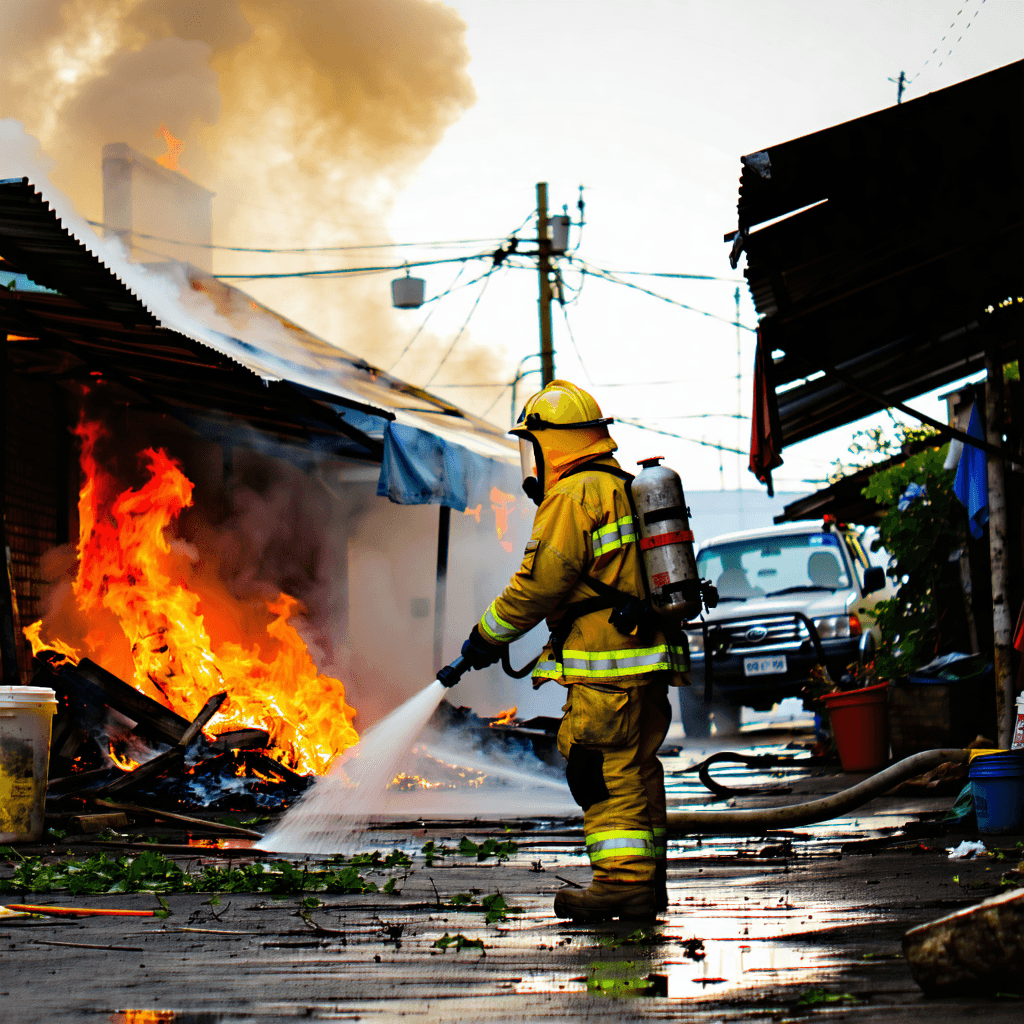Firefighter extinguishing fire outbreaks in a local community market 