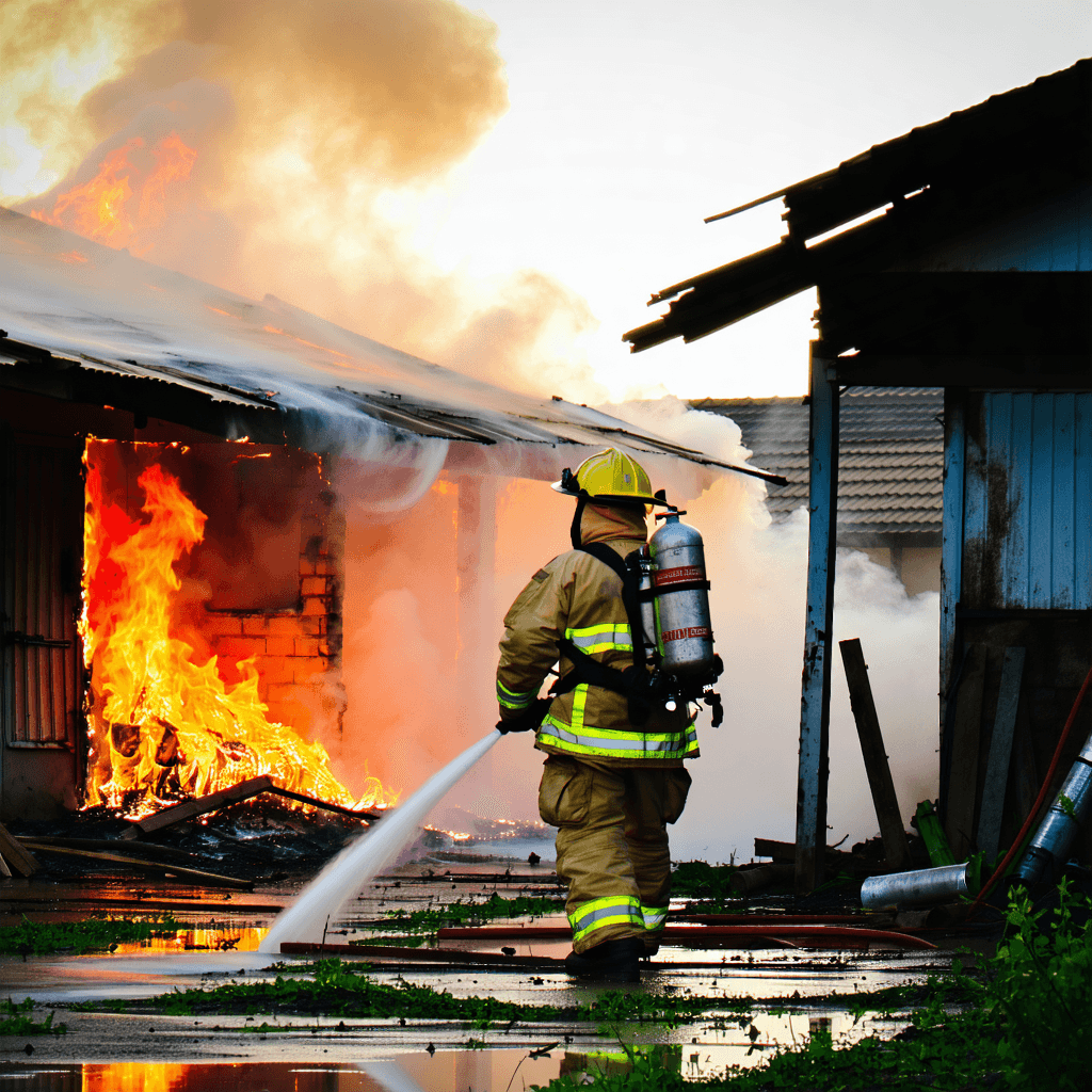 Firefighter extinguishing fire outbreaks in a local community buildings 