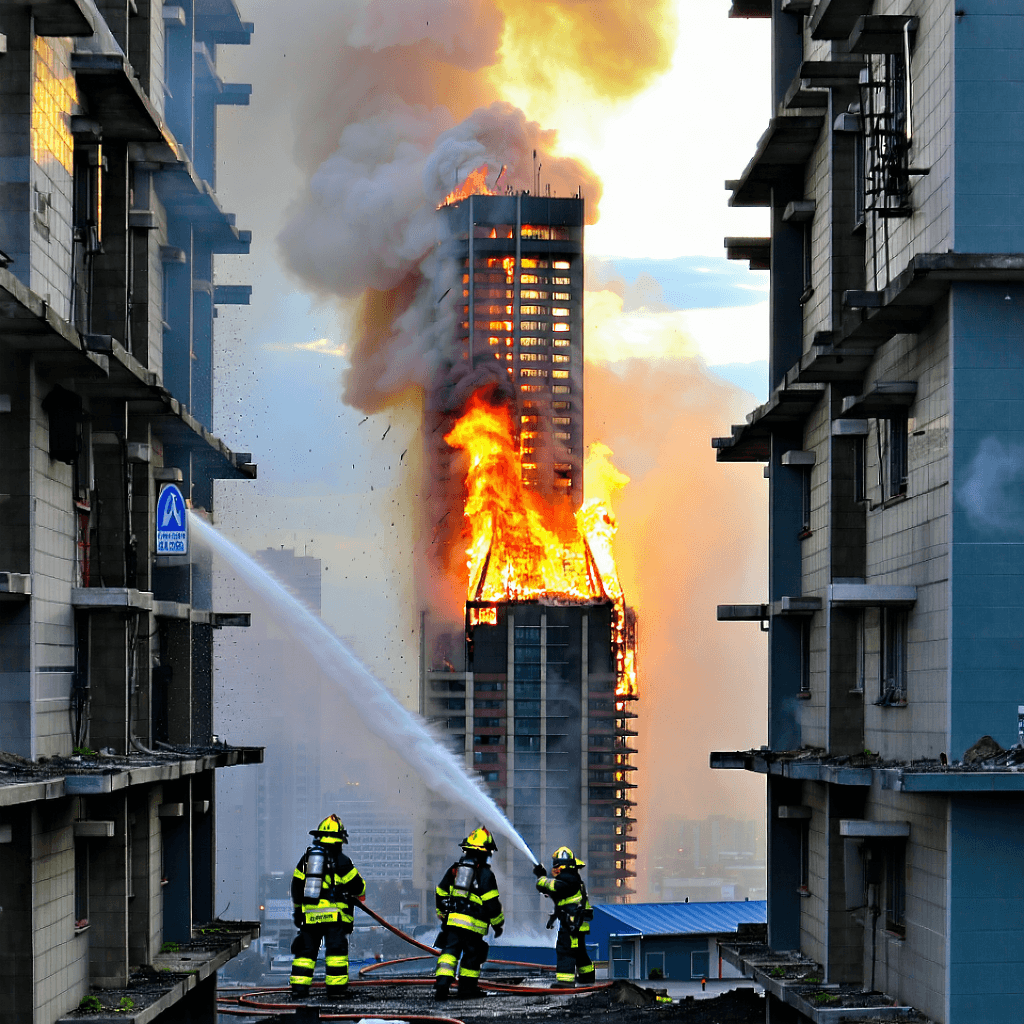 Firefighter extinguishing fire outbreaks in a high rise buildings 