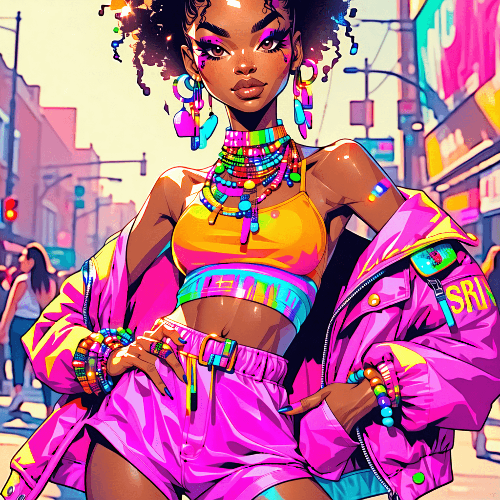 Create a photographic image capturing the essence of a confident bambina in a miniskirt, adorned with statement jewelry, embodying vibrancy and motion. Utilize soft natural light to illuminate her, casting a gentle glow that enhances the colorful palette of her attire and the bustling urban backdrop. Position her off-center, following the rule of thirds, to craft a dynamic composition. Employ a shallow depth of field to softly blur the city's details, directing focus sharply onto her, especially highlighting the textures of her outfit and the gleam of her jewelry in a macro close-up. Incorporate a subtle motion blur to suggest movement, as if she's captured mid-stride, from a bird's eye view that adds an intriguing perspective. Finish the image with a touch of vintage film look to give it a timeless, nostalgic feel, while ensuring the overall effect is bright, detailed, and bursting with life, as seen through a lens of professional photography in 8k resolution.
