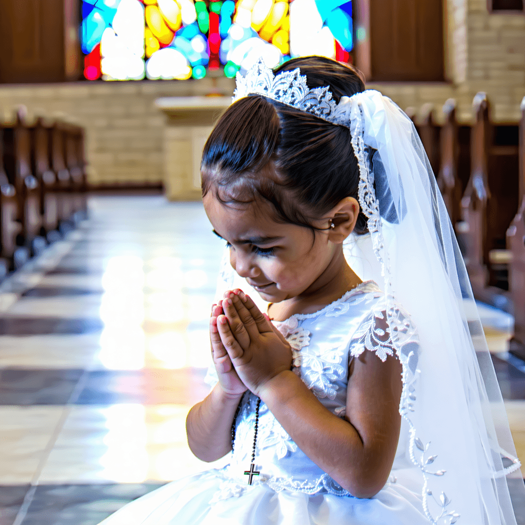 Create a highly detailed, 8k resolution photographic image capturing a tender moment of a little girl's first communion. The scene is bathed in soft natural light filtering through stained glass windows, creating a palette of soft pastels across the church interior. From a bird's eye view, the girl is captured kneeling in prayer, her hands delicately adjusting her veil and holding a rosary, with a small Bible resting in her lap. Her communion dress, adorned with intricate lace and embroidery, catches the light, emphasizing the texture and depth. The focus is on her eyes, glistening with teary emotion and a subtle smile, showcasing a shallow depth of field that blurs the background while highlighting the reflection of her in the polished wooden floor below. The composition is framed to include a soft vignette effect, drawing the viewer's eye towards the girl and her tender gesture, amidst the symbolism of her faith and the solemnity of the occasion.