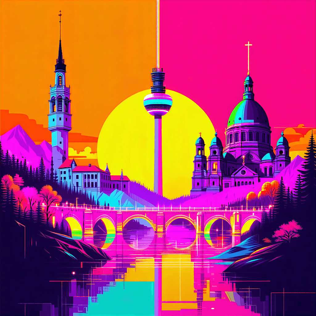 Craft a surreal artwork showcasing the top sightseeing places in Vilnius, including Gediminas' Tower, The Cathedral Basilica of St. Stanislaus and St. Ladislaus, Television Tower, Lukiškės Prison, The Hill of Three Crosses, Glass Quarter, and Gediminas Avenue. This image should be a fusion of vaporwave, retro-wave, and cyberpunk styles, transforming these iconic landmarks into futuristic, geometric structures enveloped in a cyberpunk atmosphere. Neon colors inspired by cyberpunk aesthetics should illuminate the scene, with dynamic lighting effects casting neon glows. Incorporate surreal elements like Roman busts, marble textures, vintage CRT monitors, pixelated graphics, digital vines, and neon-lit flowers seamlessly blending with the architecture. Infuse the cityscape with retro-futuristic and brutalist architecture accents, holographic projections, and neon signs. Distort reality with reflections, create a sense of surreal proportion by playing with scale and perspective, and merge multiple cityscapes into a fragmented, floating world. Symbolism such as religious motifs, halos, angelic figures, and futuristic cyborgs interacting with historical statues should add layers of meaning. The composition should suggest motion through swirling vortexes and distorted perspectives, crafting a dreamlike, otherworldly visual narrative suitable for a T-shirt design.