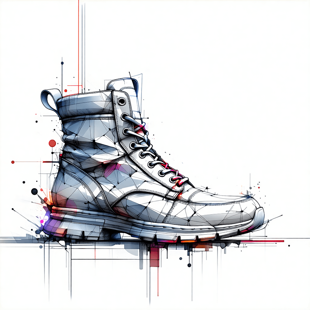 Craft an exquisite line art illustration of a shoe, encapsulating the essence of urban street style. The shoe, presented in a sleek side view, should boast a varied line weight to highlight its dynamic form and intricate details. Focus on capturing the leather texture with precision, emphasizing the geometric patterns that adorn its surface. Let the stitching details be pronounced, adding to the realism of the design. Introduce a dramatic lighting setup to accentuate the textures and shapes, creating a vivid interplay of light and shadow. The background should be minimalist, ensuring the shoe remains the focal point. Incorporate a pop of red to inject vibrancy into the design, complemented by the brand's signature color palette. This scene should not only showcase the shoe's stylish aesthetics but also convey a sense of urban sophistication.
