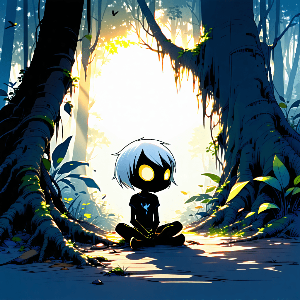 "Sepia-toned, minimalist, gold and blue, 3D caricature creature, chibi-style, with expressive eyes, peacefully sitting in the heart of a sepia-toned rainforest at dawn, dressed in simple black and white attire, sporting soft, flowing white hair, tiny, rounded teeth, and half-closed, glowing eyes, against a light-infused backdrop, in a rustic, digital art style, influenced by the creations of Ash Thorp, Lois van Baarle
