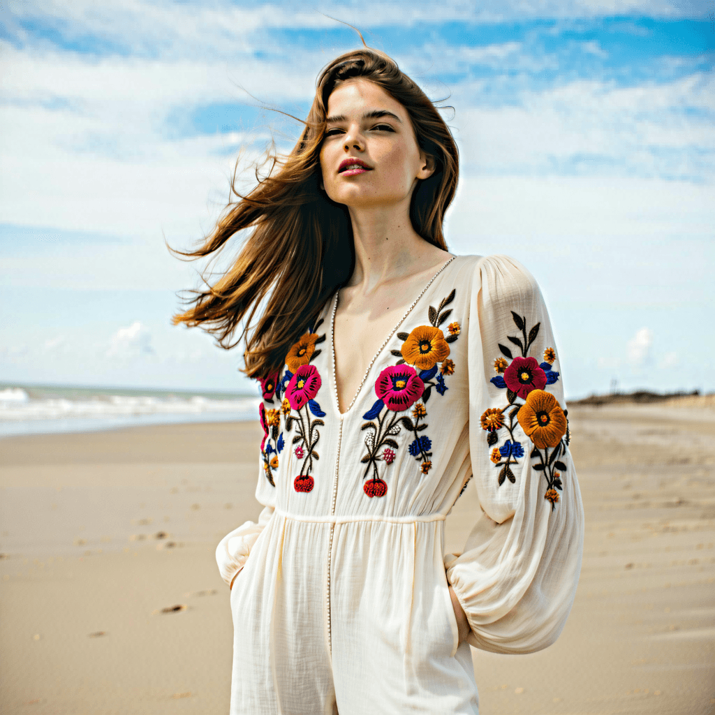 "A sophisticated young woman aged between 20-25 years, displaying fair skin, and donning long, tousled brunette waves, looks out into the horizon from a sun-drenched sandy beach. She's dressed in a light cream colored jumpsuit that features a profusion of floral embroidery in vivid hues - crimson, cobalt, marigold, pumpkin, and fuchsia. The jumpsuit is full-length with balloon-style long sleeves and a beaded V-neckline. The jumpsuit showcases a