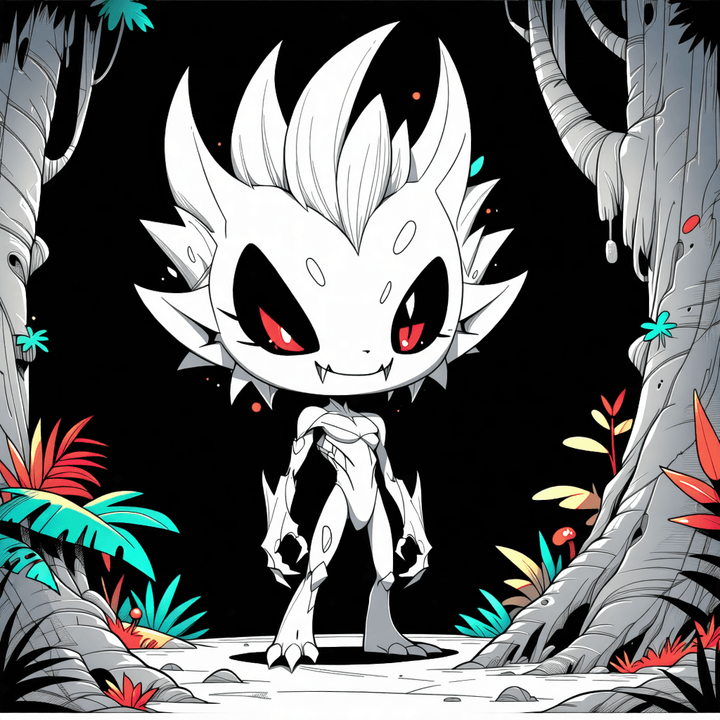 Monochromatic, ornate, silver and red, 3D caricature cartoon creature, chibi-style, with realistic eyes, standing small in a colorful  jungle during night, wearing intricately detailed black and white clothing, featuring wild, spiky white hair, large, jagged teeth, and wide-open, glowing eyes, against a dark background, in a symmetrical, graphic, digital art style, inspired by the works of Ash Thorp, Lois van Baarle, and Simon Stalenhag, with sharp contrast, detailed line work, and intricate patterns, conveying an intense, aggressive, and creepy, yet comical expression.