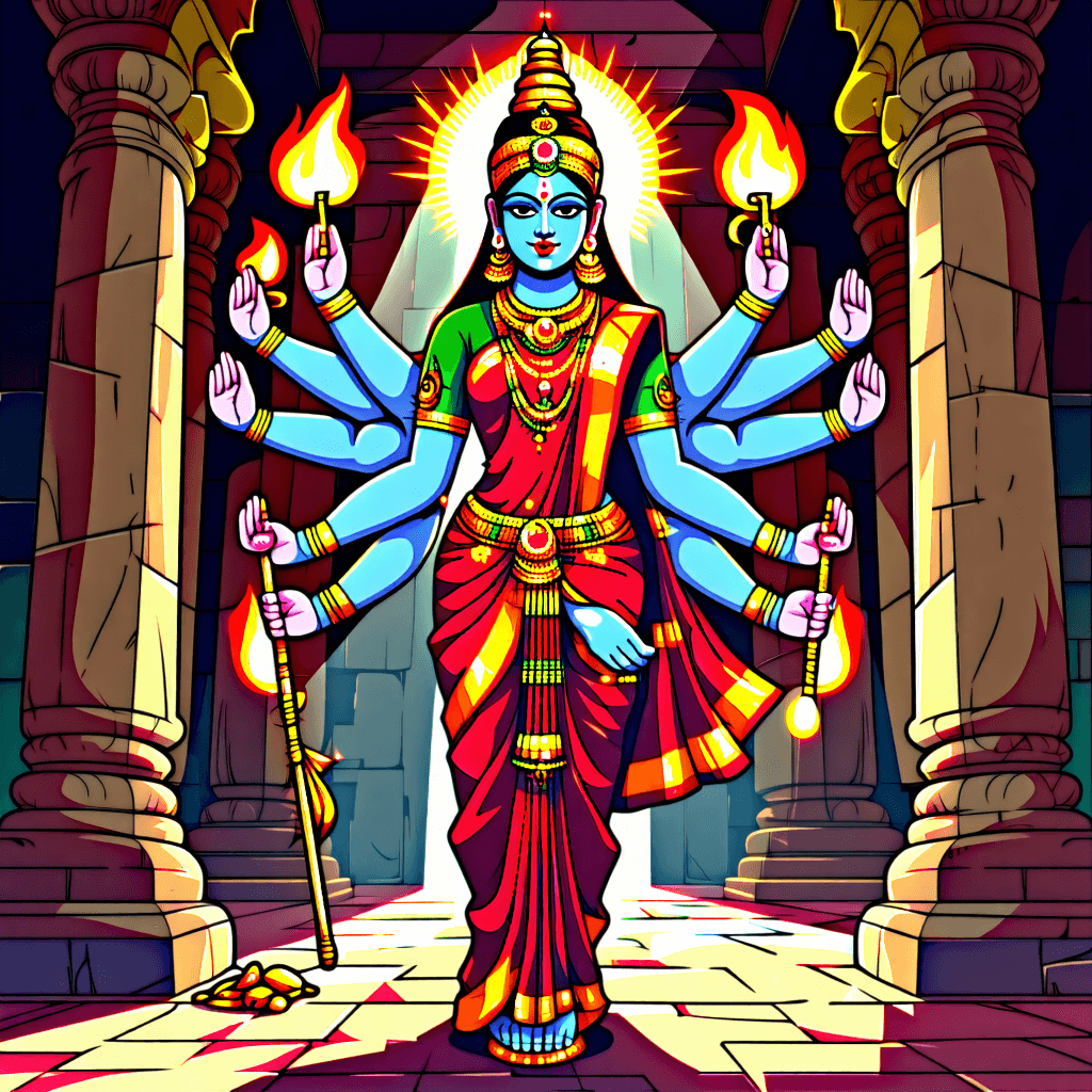 Craft a photographic masterpiece capturing Goddess Durga in her divine, multi-armed form, standing with a powerful, commanding presence inside an ornate temple. She is clad in a rich, flowing red sari adorned with intricate golden embroidery, symbolizing her regal authority and divine femininity. Her golden crown and heavy traditional Hindu jewelry enhance her majestic aura. Each of her eight arms holds a symbolic object, from a trishul to a lotus, set against a backdrop of detailed temple carvings. The lighting should be soft and ethereal, casting a divine glow and casting subtle shadows that emphasize her form. The composition is symmetrical, with a shallow depth of field focusing on her serene yet determined expression, adorned with a subtle smile and a steely gaze. The color palette should consist of rich reds and golds, with the texture and detail capturing the essence of her attire and jewelry. The overall atmosphere should evoke a sense of reverence and devotion, with a dramatic low angle adding to the grandeur. The image should be in 8k resolution, showcasing professional photography techniques, with realistic textures, natural lighting nuances, and a cinematic composition.