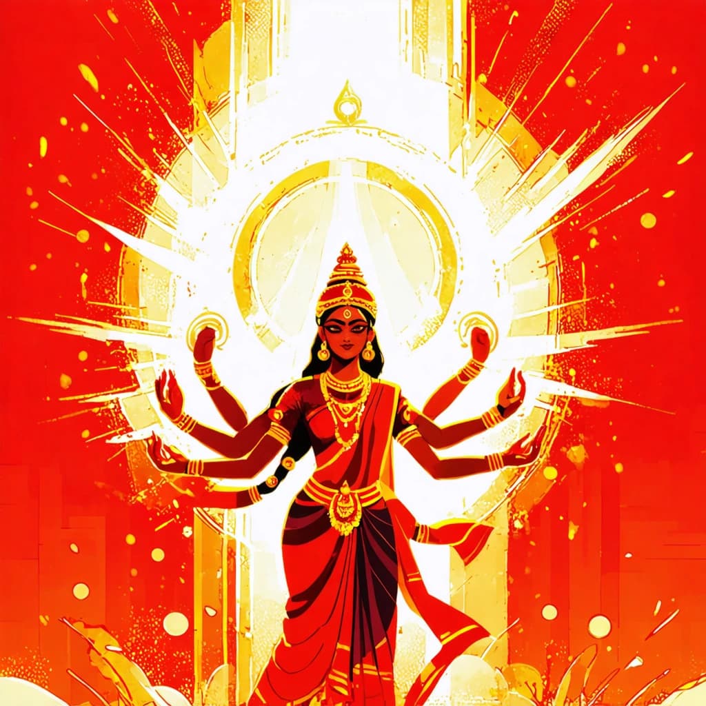 A majestic, radiant portrayal of Goddess Durga in her divine, multi-armed form. She stands in a powerful and commanding pose, radiating light and energy, symbolizing strength, protection, and empowerment. Her presence is regal, yet compassionate, embodying the essence of the divine feminine.
Clothing and Adornments:
Clad in a rich, flowing, red sari with intricate golden embroidery that adds elegance and divinity. The sari drapes gracefully around her, symbolizing her regal authority. She wears a golden crown with ornate details, representing her status as the supreme goddess.
Jewelry: Adorned with heavy golden jewelry, including necklaces, earrings, bracelets, and an armlet, each finely detailed with traditional Hindu motifs. Her forehead is marked with a bindi, and a radiant halo of light encircles her head, emphasizing her divinity.
Posture and Arms:
Arms: She has multiple arms (eight) spread out symmetrically, each holding symbolic objects representing her divine powers:
Trishul (trident): 
Chakra (discus): Representing the cycle of time and cosmic order.
Lotus: A symbol of purity and spiritual awakening.
Sword: Representing justice and righteousness.
Conch: Signifying victory and the primordial sound.
Flame: Symbolizing illumination and knowledge.
Bell and bow: Representing war and victory.
Expression and Body Language: Durga’s expression is serene yet determined, radiating both compassion and fierce protection. Her eyes are slightly uplifted, looking forward with wisdom and strength. Her posture is upright, commanding respect and reverence.
The background is set in an ornate temple-like structure, with detailed carvings on the pillars and arches that frame the goddess. The temple is dimly lit, but Durga herself glows with divine light, casting shadows that emphasize her form. The floor is scattered with marigold flowers, and a soft, ethereal light emanates from the goddess, further highlighting her divine presence. The overall atmosphere is a mix of reverence, serenity, and power, with subtle divine light radiating from her figure.