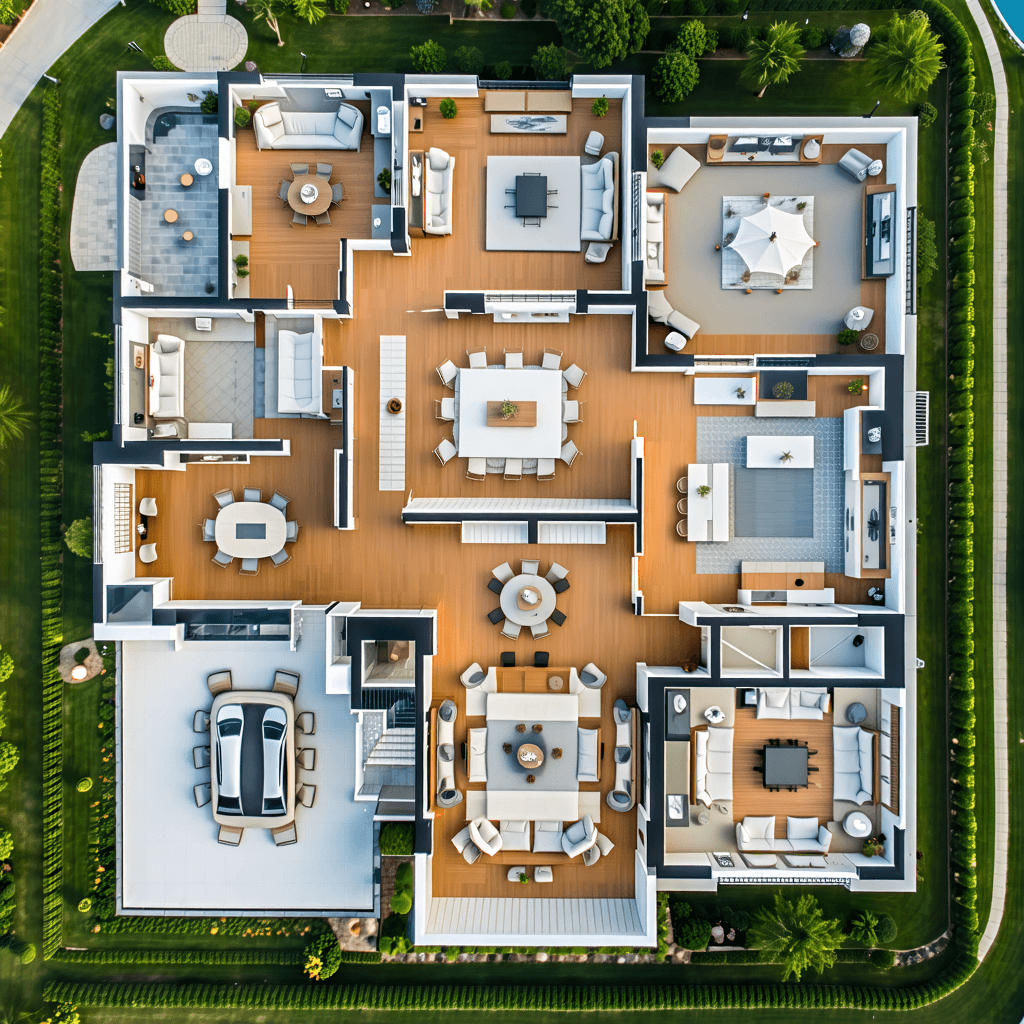 Craft a sophisticated product photo capturing the essence of luxury home construction. The scene unfolds under a soft natural lighting, enhancing the intricate architectural details and high-quality finishes that whisper the tale of craftsmanship. Through a harmonious blend of a time-lapse sequence, witness the construction stages evolve, from the ground-breaking ceremony to the final touch of elegance. Aerial drone photography reveals the sprawling construction site, bordered by lush gardens that promise serenity. Inside, a staged interior with tasteful furniture and decor hints at a lifestyle of comfort and luxury, while outside, the night falls, and the exterior is softly illuminated, showcasing the home's architectural beauty and the eco-friendly embrace of solar panels. Amidst this, a gentle rain adds a reflective sheen, enriching the mood. Highlight the home's unique selling points, like the luxury amenities including a spa or home theater, creating a compelling narrative of a dream home come to life.