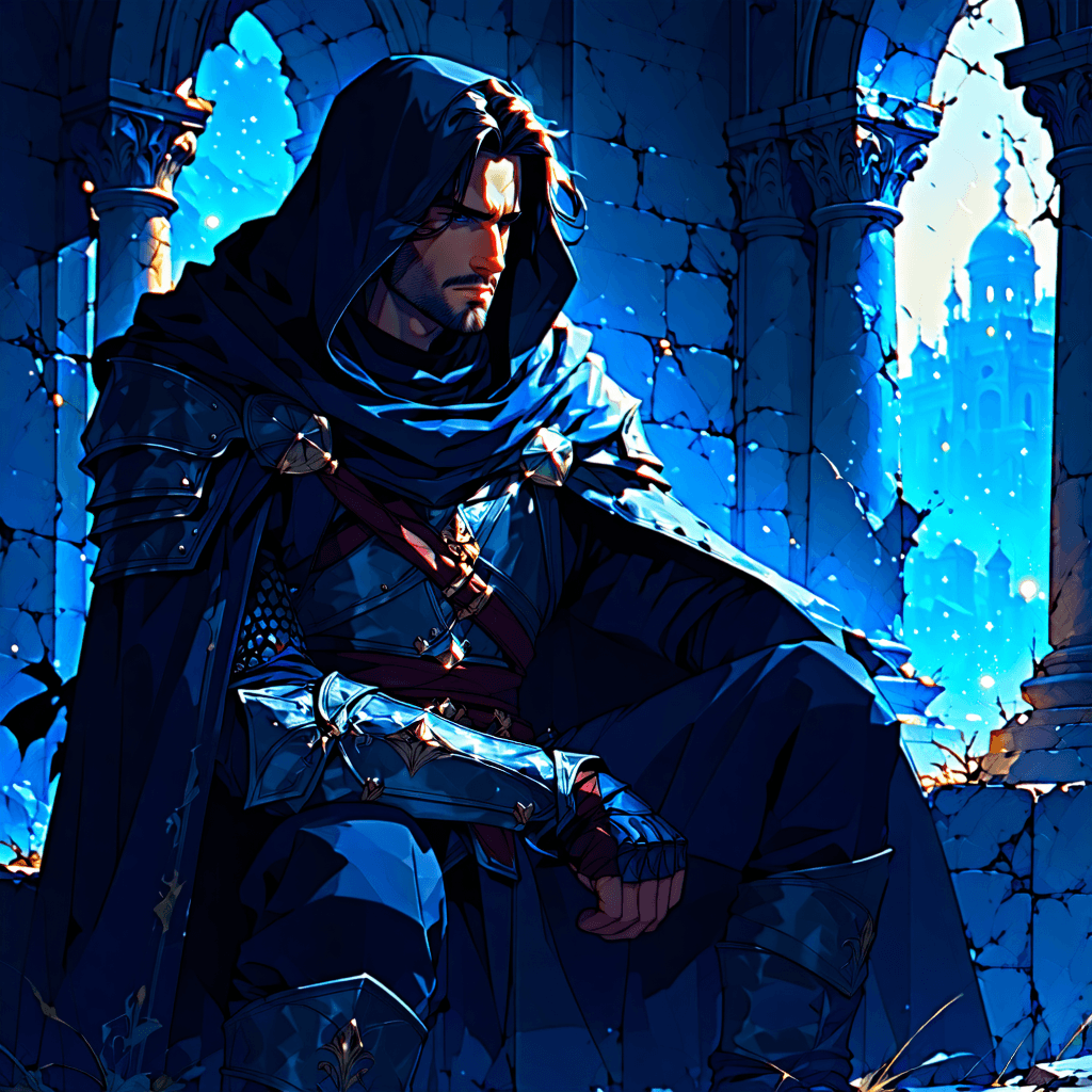 "Create a calm, introspective portrait of Ezzio Auditore, the admired hero from the Assassin's Creed series, quietly sitting in contemplation among the intricate designs indicative of Renaissance architecture. Encase the scene in the soothing glow of a tranquil dawn sky, speckled with remnants of the night's stars.

Ezzio's eyes, captivating and clear, must shine softly from the emerging daylight, their calmness enriched by the soft, natural illumination that gently highlights his elegantly stitched hood
