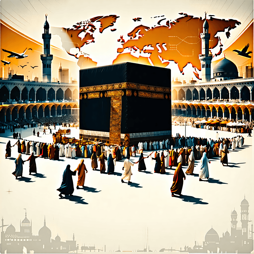 Craft a flyer that transports viewers back to the Hajj season of 1900, drawing them into the historical and spiritual journey to Mecca. The focal point should be a detailed illustration of the Kaaba, surrounded by pilgrims in traditional 1900s attire, highlighting the unity and peace among diverse groups holding hands. Overlay this with a vintage filter and sepia tones to enhance the period feel. Integrate a world map pinpointing routes to Mecca, adorned with traveling caravans to visualize the pilgrimage journey. Incorporate elegant calligraphy of religious texts to capture the spiritual essence. Use sleek typography to overlay modern design elements, including a 'Join the Journey' callout, and add the date and location details for informational depth. Ensure the style is informative, readable, organized, and professional, with a layout that emphasizes style, mood, lighting, and special effects for a compelling invitation to this historic event.