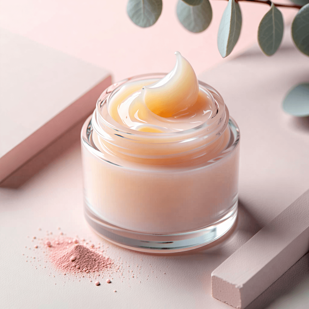 "Construct a Pinterest ad showcasing a premium lip balm. Focus the image on a close-up shot to highlight the balm's texture in soft, pastel colors, applying the rule of thirds for an engaging composition. Utilize soft, low contrast lighting to accentuate the texture and allow the product to gracefully stand out against a simple, elegant background. Integrate the scene with delicate traces of natural ingredients subtly included, suggesting the balm's organic formula. The brand logo should be subtly imprinted