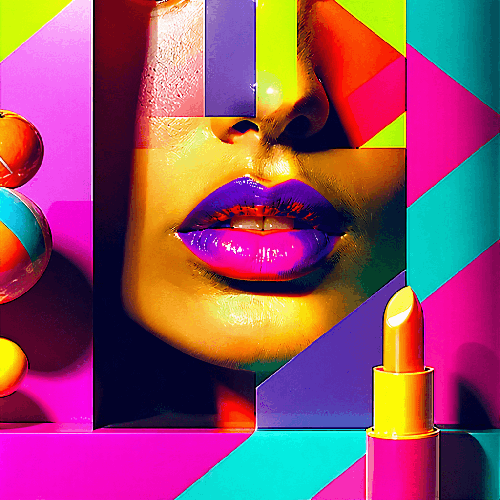 "Design an Instagram ad featuring the ultimate lip balm. Centralize the image on a macro shot to emphasize the balm's texture in bold, vibrant colors, using the golden ratio for a captivating layout. Implement hard, high contrast lighting to intensify the texture and make the product pop against a complex geometric background. Infuse the scene with hints of exotic ingredients subtly added, hinting at the balm's unique formula. The brand logo should be stylishly etched on the lip balm