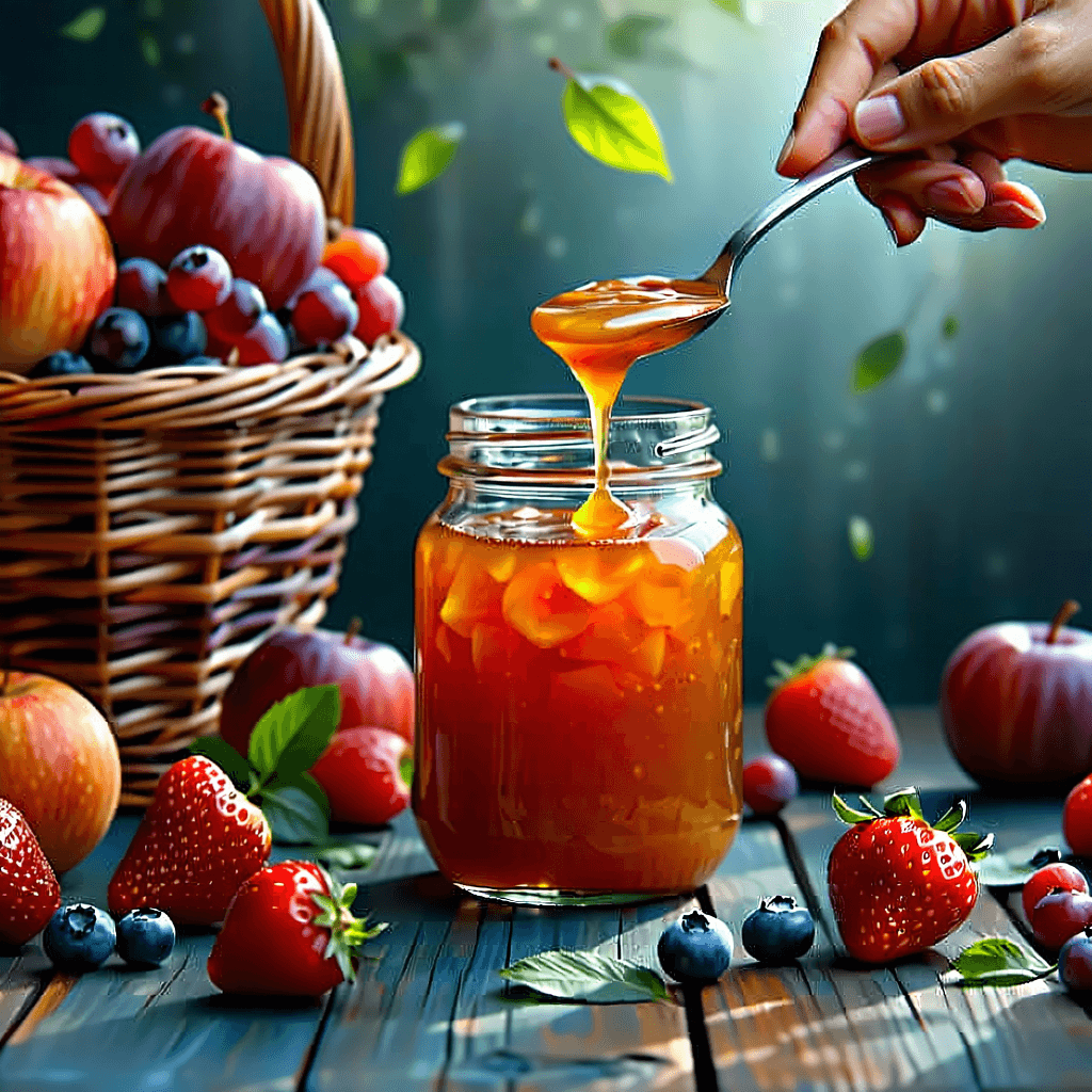 Envision an inviting Instagram ad that captures the essence of a cozy morning. Center stage is a jar of jam, its texture rich and detailed, inviting a closer look. The jam, glowing under soft diffused lighting, creates a warm and inviting atmosphere. Surrounding the jar, an arrangement of fresh fruits in complementary colors enhances the visual appeal, their natural tones vivid against the backdrop. A hand reaches out, gently about to scoop a spoonful of jam, adding a dynamic storytelling element. This scene is not just an ad but a moment captured, where the colors, lighting, and composition come together to create an engaging, eye-catching image tailored for mobile viewing. The overall mood is warm, focusing on the quality and appeal of the jam, making it irresistible.