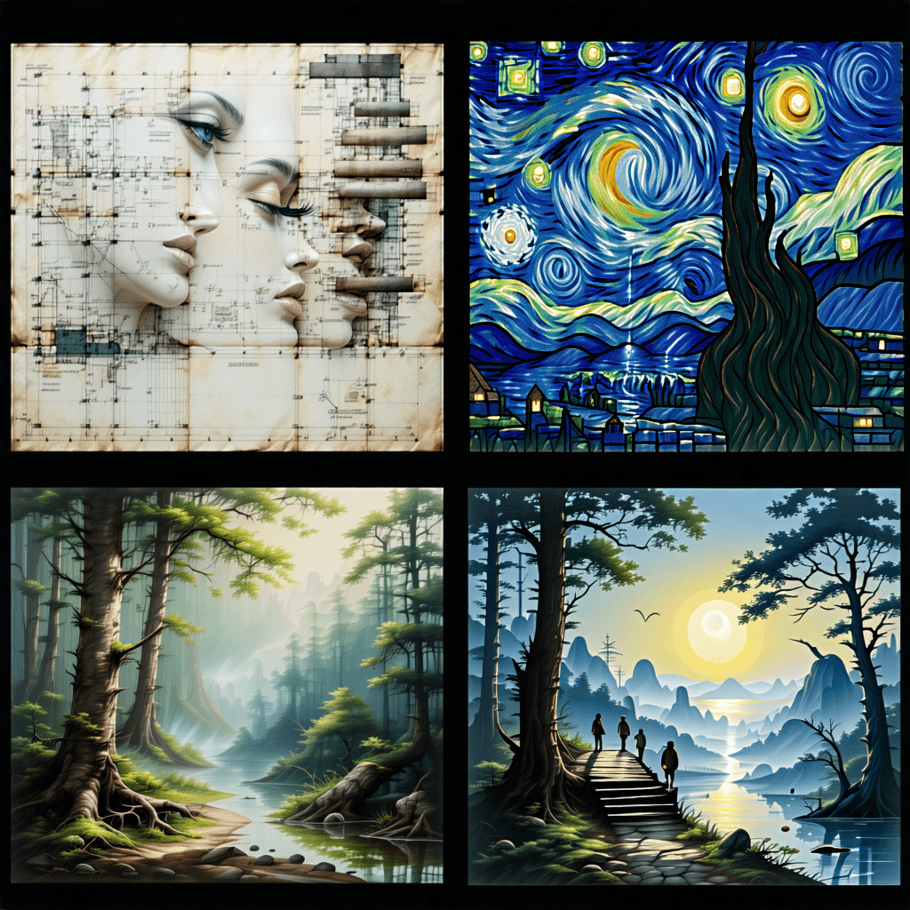 "Develop 4-5 distinct interpretations of this image, each showcasing a unique artistic style or perspective"