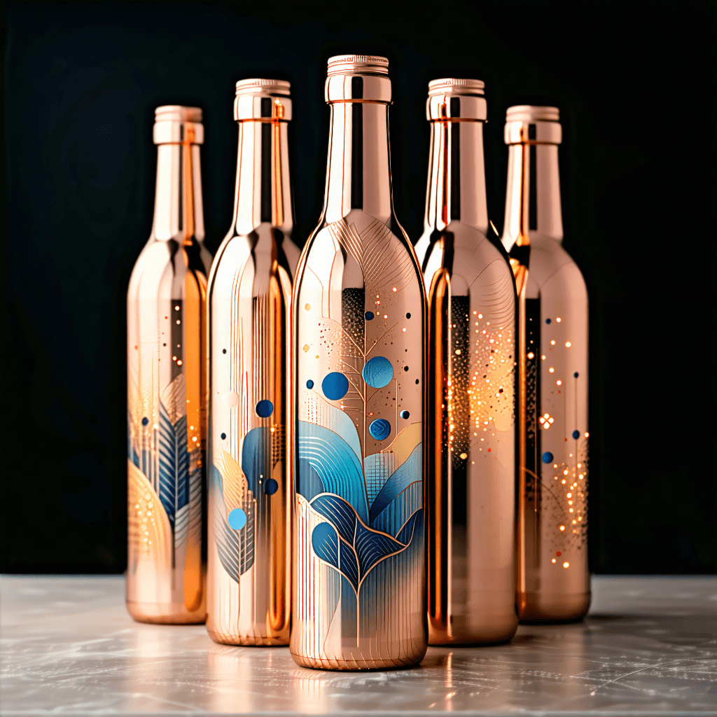 "Develop 4-5 distinct interpretations of copper water bottle , each showcasing a unique artistic style or perspective"