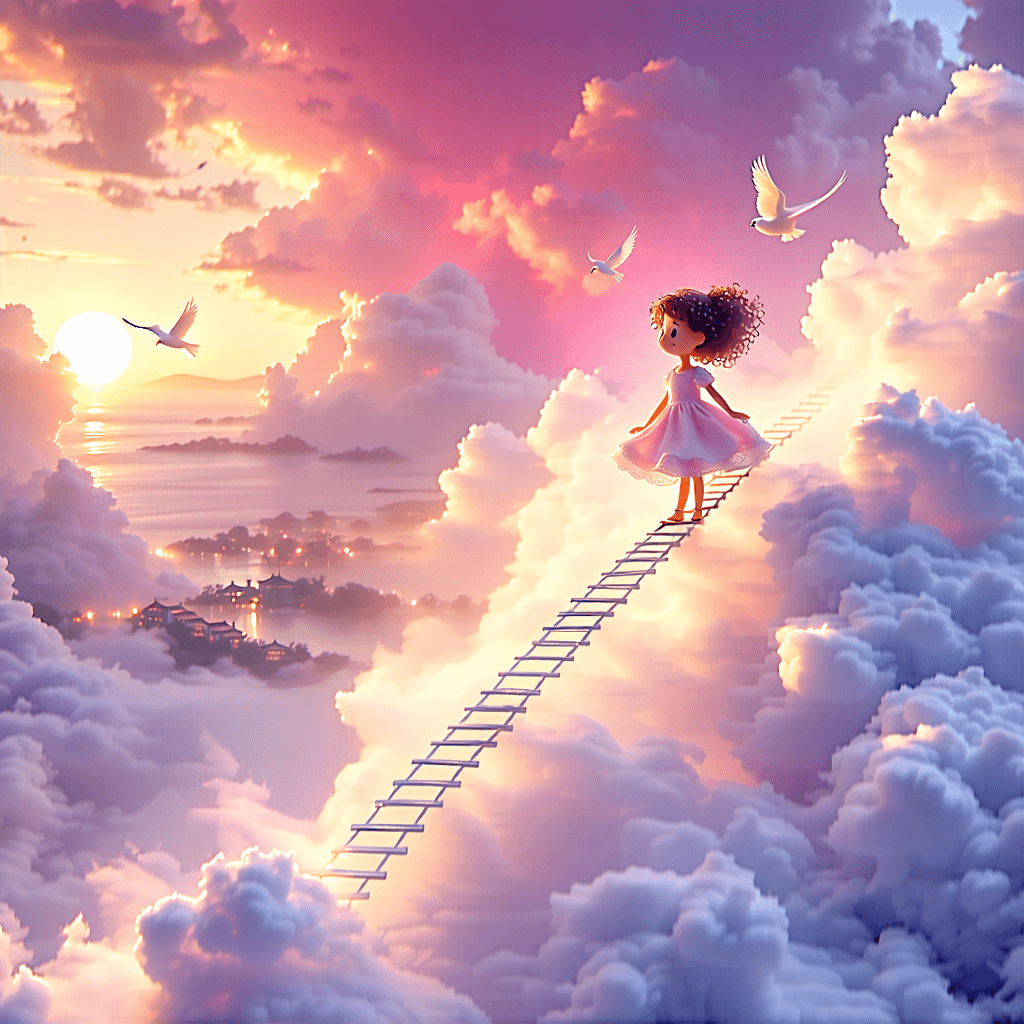 Craft a book cover that captures the heart-stirring moment of 'Climbing to the Clouds'. Envision a brave little girl with wide, wonder-filled eyes, ascending a silver ladder that stretches into the sky, merging with a dreamy gradient of sunset hues—pink, lavender, and touches of gold. The wind plays with her curly hair as birds accompany her journey, and below, the village blends into the horizon. Emphasize a magical, cinematic atmosphere through ultra HDR effects, vibrant colors, and hyper-realistic detailing. The ladder and clouds should exhibit intricate patterns, accented with dramatic backlighting to silhouette the girl against this vibrant sky. Add whimsical elements like floating lanterns, sparkles, and fantastical creatures to enrich the scene. Use a wide-angle perspective for a cinematic composition, incorporating magical lighting effects with twinkling stars. Ensure the scene exudes a sense of wonder and adventure, capturing the essence of a journey into a magical world above.
