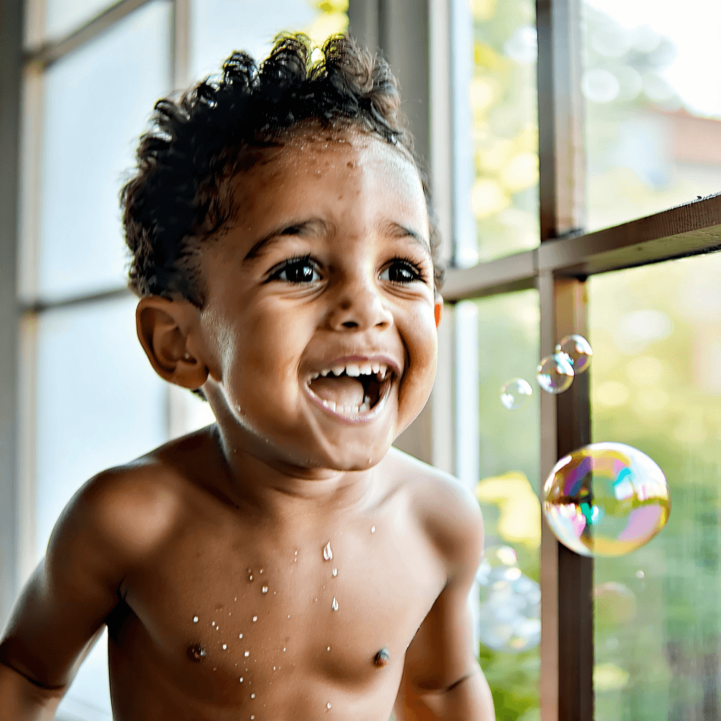 Craft a professional, 8k resolution photograph capturing a young boy's candid joy, engaged in the playful act of jumping with a balloon or blowing bubbles. The image should be bathed in soft, natural light streaming through a window, highlighting the boy’s sparkling eyes and dimples with a close-up shot that focuses on his beaming smile. Employ the rule of thirds for composition, ensuring a warm and inviting color palette that complements the scene. The background should be softly blurred, utilizing a shallow depth of field for a bokeh effect, enhancing the lively mood. Experiment with a bird's eye view to add a playful twist, and if possible, capture a reflection in a mirror or water to add depth. The boy's dynamic pose, mid-action, should be the centerpiece, with every detail from the texture of his hair to the light in his eyes rendered in sharp, realistic focus.