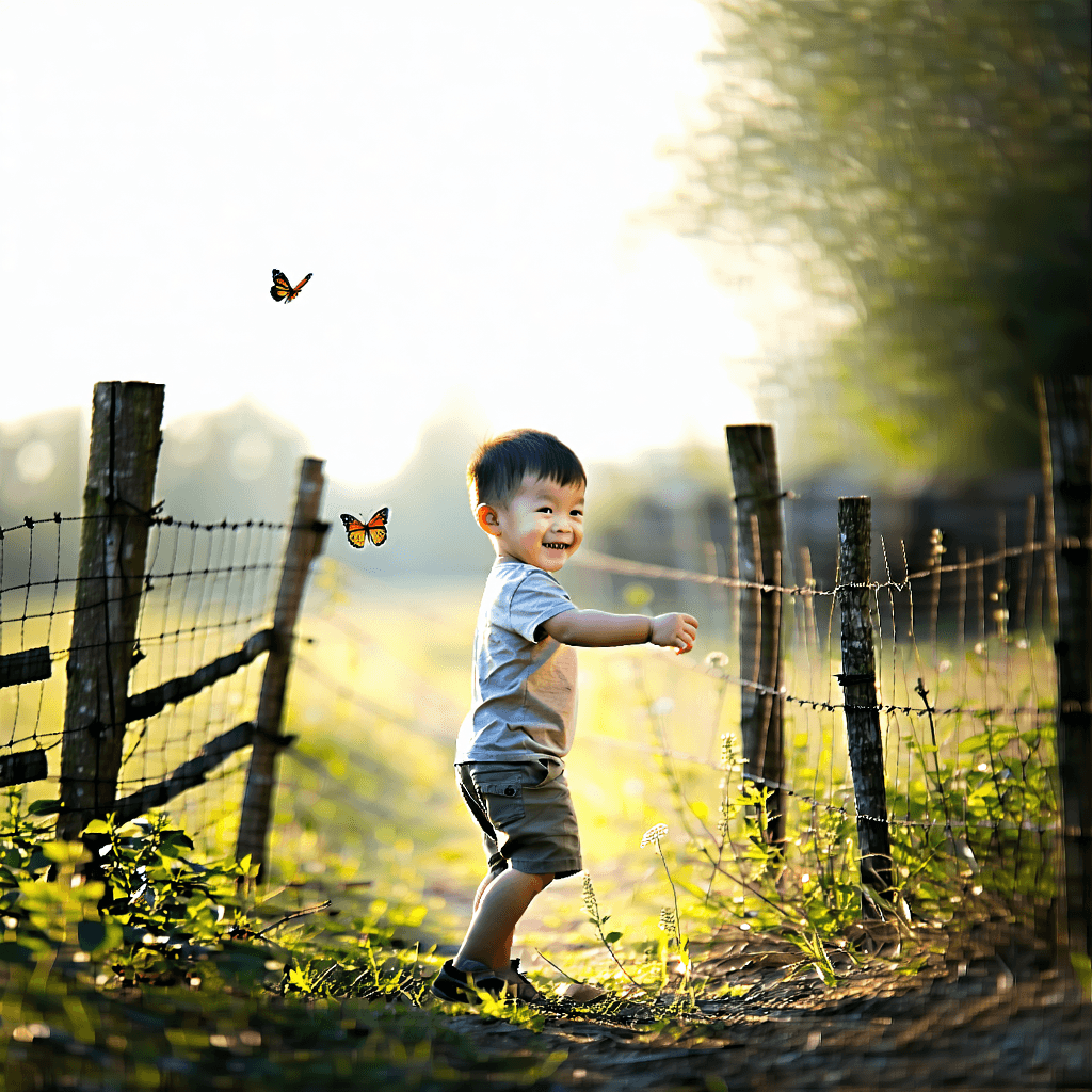 Craft a photographic portrait capturing a young boy in candid exploration, bathed in the soft, diffused light of early morning. Within a lush, natural setting, position him at the center, using leading lines of a worn, wooden fence that draws the eye towards his figure. He should be dressed in simple, casual attire, embodying the essence of playfulness and innocence. His movement - perhaps reaching for a butterfly or gazing curiously at something just out of frame - introduces a dynamic yet natural pose, while his genuine smile and the sparkle of curiosity in his expressive eyes are caught from an eye-level perspective. The composition should carefully balance negative space, enhancing the focus on his features and the moment's spontaneity. Employ a shallow depth of field to softly blur the background, ensuring he remains the focal point. The entire scene should be rendered in monochrome, emphasizing textures and contrast, bringing a timeless elegance to the image of youthful wonder. Aim for a resolution that brings out the intricate details of the scene, from the delicate expressions to the natural environment, with a cinematic composition that tells a story of childhood curiosity.