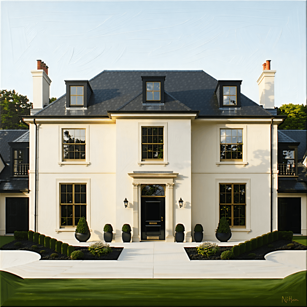 Craft a large-scale, photorealistic oil painting that channels Bo Bartlett's narrative realism. The scene unfolds on a modernized English coastal estate, evoking the grandeur of an old manor house with its layered, stacked volumes. Constructed from smooth limestone and slate, the building boasts large, elegant Georgian-style sash windows with black or bronze frames, accented by brushed brass details. Integrate modern touches through floor-to-ceiling glass panels and clean geometric lines. The estate basks in the soft, warm light of golden hour, illuminating the textured stone facade and the surrounding lush, wild meadow. Atmospheric clouds hover above, with subtle ocean horizons in the distance. A solitary, middle-aged figure, dressed in casual elegance, stands near the house, gazing contemplatively toward the coast, adding a layer of quiet narrative tension. The painting should balance photorealism with visible, expressive brushwork, highlighting the mood, light, and story. Details such as the reflections in glass panels, the texture of the stone, and the serene serenity of the scene should be emphasized, alongside a dynamic composition that employs the rule of thirds, earthy tones, and the emotive mood of serene serenity.