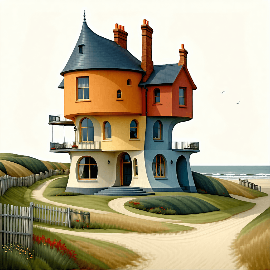 Create a large-scale, photorealistic oil painting-style image inspired by Bo Bartlett’s narrative realism, depicting a modernized English coastal estate that blends old-world elegance with whimsical, quirky architecture reminiscent of The Burrow (the Weasley family home). The house features layered, asymmetrical stacked volumes with offset levels, retaining the playful, “grown-over-time” character but reimagined with sleek limestone, slate, and smooth concrete.

Large, elegant Georgian-style sash windows with black or bronze frames punctuate each level symmetrically but with a subtle irregularity hinting at the original Burrow’s charm. Incorporate modern touches such as floor-to-ceiling glass panels and brushed brass detailing to elevate the rustic feel into posh luxury.

The coastal farmland setting is bathed in warm golden-hour light, with wild meadow gardens, a reflecting pool, and distant ocean views. A weathered stone chimney and subtle zinc roof accents hint at heritage, while clean geometric lines and minimalist landscaping speak to contemporary design.

Include a solitary figure in casual yet refined attire near the house, conveying quiet reflection and human connection to the space. The brushwork balances photorealism with expressive texture and mood, highlighting light, materiality, and narrative depth.