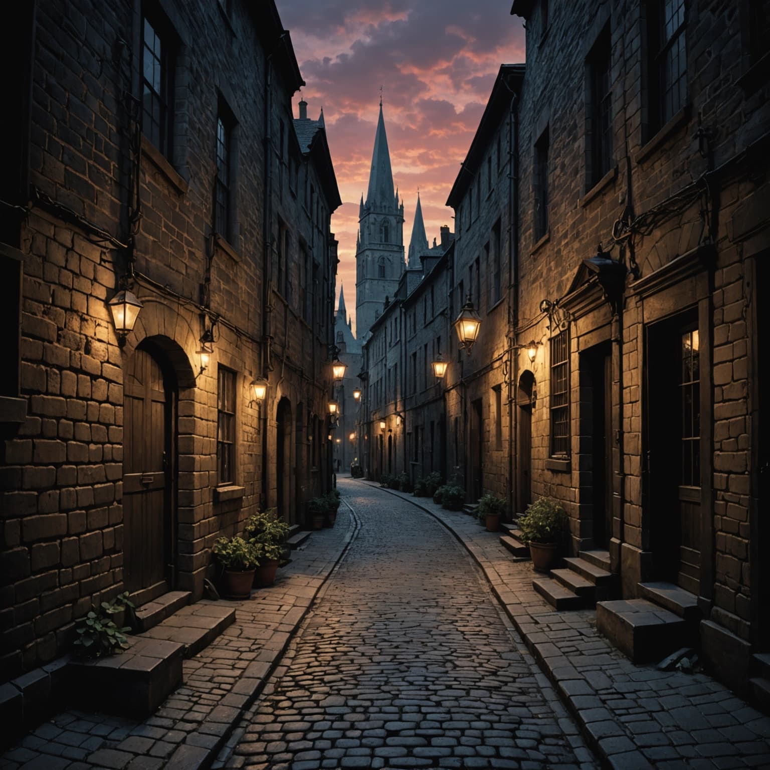 Create a photographic image in a photorealistic style capturing a grim, narrow cobblestone alley that twists deeply between cramped, dilapidated buildings under a fading sunset sky. The architecture, a chaotic blend of gothic spires and warped timber, whispers centuries of dark secrets. Enhance the scene with dramatic, high-contrast lighting, focusing on the eerie glow of flickering lanterns with green and purple flames. Experiment with unconventional angles to capture the intricate textures of cracked, soot-stained stone and the subtle visual hints of magic in the air. Include candid moments of cloaked figures exchanging whispered deals, highlighting the contrast between the deep shadows and the reflective puddles of murky water. Zoom in on the shops displaying forbidden wares, using sharp focus and a deep field to bring out the realistic textures and the chiaroscuro effect, enhancing the atmosphere of decay, magic, and mystery. The composition should be cinematic, capturing the essence of danger, secrecy, and the thrum of forbidden knowledge as the last rays of sun disappear behind the crooked rooftops.