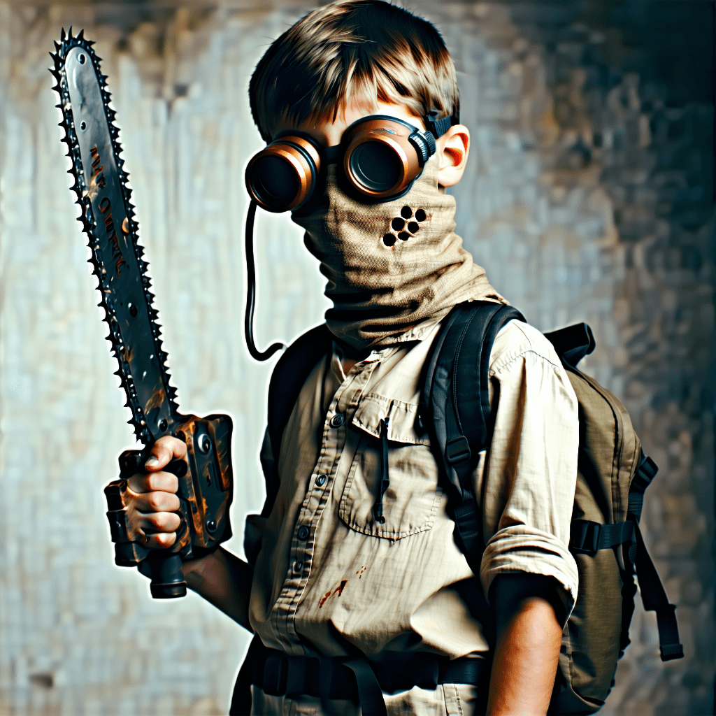 Imagine a young adolescent zombie hunter, showcasing a calm, stoic posture with an antique, slightly decayed chainsaw held confidently. This chainsaw is not ordinary; it is adorned with distinctive etchings and symbols that speak volumes about its personalized importance. The hunter dons minimal clothing: a burlap mask that covers his entire face, with a zipper on the mouth, and tubes running from a breathing apparatus that runs from the nose and extend into copper, steampunk goggles.