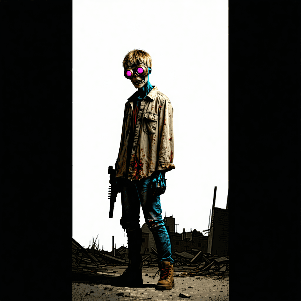 Imagine a scene where the essence of survival and the macabre dance in the soft side lighting of a desolate urban ruin. At the heart of this scene stands the Zombie Hunter, a character that embodies the paradox of strength and vulnerability. This young male, weathered yet fierce, is a mere 3.5 feet tall, his presence magnified by the apocalyptic styling that adorns him. His face, a mystery behind a rough burlap mask, reveals only matted dirty blonde hair through a tear, while steampunk brass goggles with rose-colored lenses hint at a world seen through the lens of survival. The zippered mouth of the mask hints at silenced screams, and his bare torso, an atlas of resilience, criss-crossed with metal chains and an ornate medallion. Despite his strong arms and chest, a pot belly peeks over a duct-tape reinforced diaper, a symbol of his unique vulnerabilities. His hands, clad in worn leather gloves bound with frayed rope, grip a miniature chainsaw, its metal textures speaking of countless battles, while oversized combat boots and the patchwork of duct tape on his diaper echo the improvisation of survival. The scene around him, painted in desaturated earth tones, whispers of the end of days, yet he stands, an intense gaze piercing through the mask, ready to carve a path through the apocalypse.