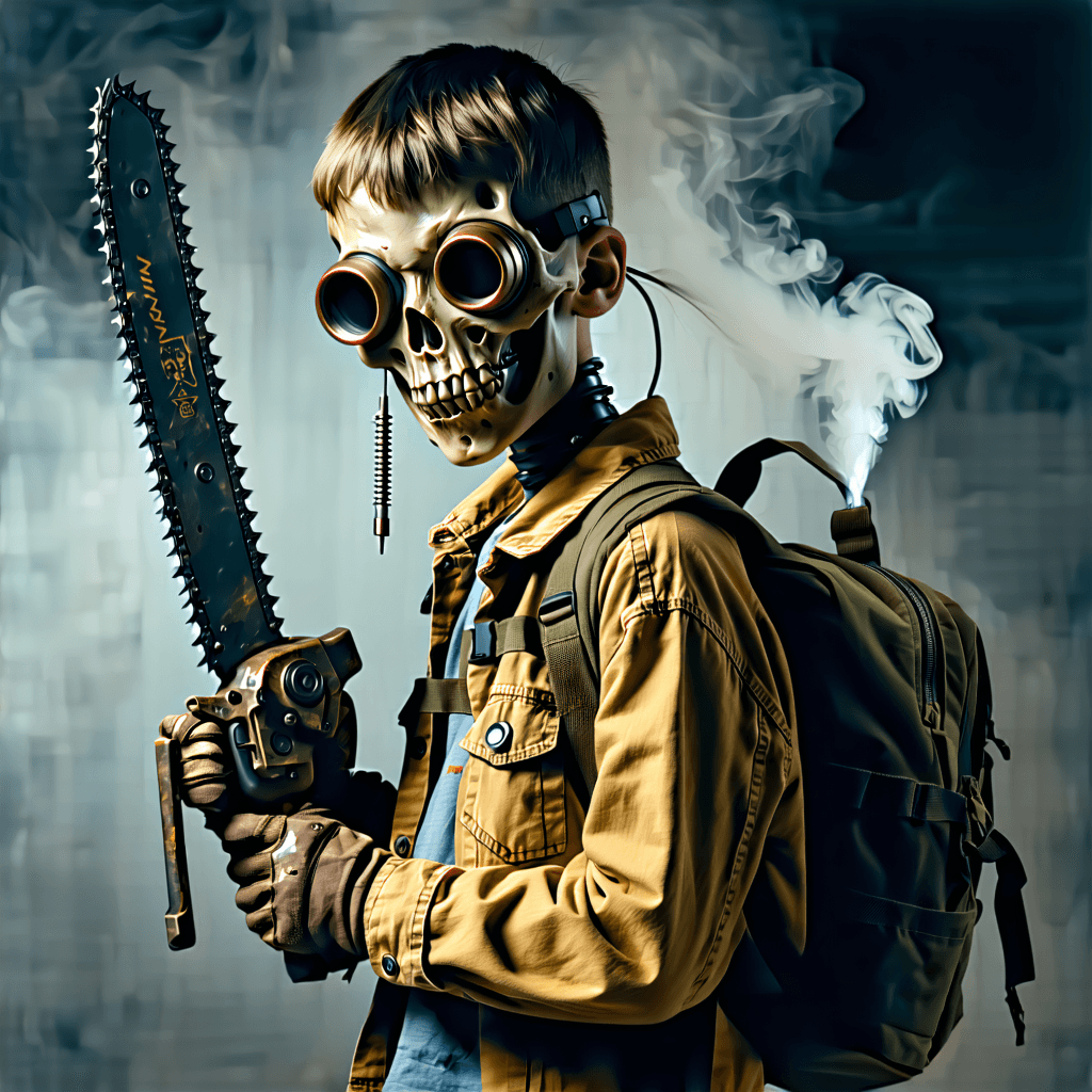 "Imagine a young adolescent zombie hunter, showcasing a calm, stoic posture with an antique, slightly decayed chainsaw held confidently. This chainsaw is not ordinary; it is adorned with distinctive etchings and symbols that speak volumes about its personalized importance. The hunter dons clothes that reflect survival in a dystopian world: a burlap mask with a zipper for the mouth and nostrils connected to tubes that extend into copper, steampunk goggles that discreetly release puffs of steam