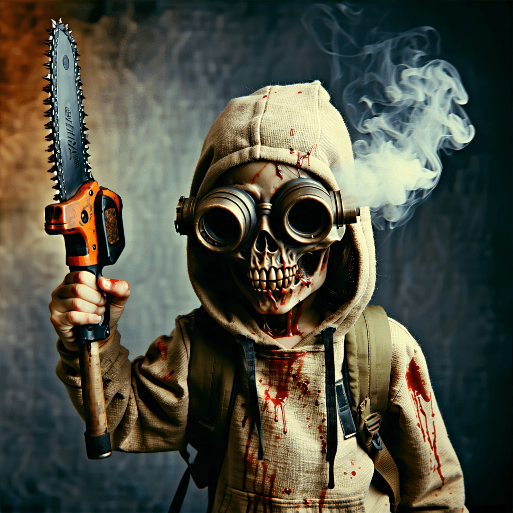 Envision a young tween Zombie Hunter, exuding a fierce, aggressive stance with a small, rusted chainsaw held aloft. This chainsaw is not just any tool; it bears engravings and unique markings, making it clear this is a weapon of personal significance. The hunter's attire is a testament to survival in a post-apocalyptic world: a burlap mask with a zipper for the mouth, nose holes connected to hoses that feed into bronze, steampunk glasses from which steam subtly escapes. These glasses aren't just for show; they hint at an ingenuity in the face of despair. His outfit is completed by oversized combat boots and heavy leather gloves, both showing signs of wear but also care, tied on with frayed rope. A duct tape reinforced diaper, whimsically adorned with colorful safety pins, adds a touch of youth and defiance. The texture and material of his attire, especially the worn leather and burlap, should be palpable, speaking to the character's rugged life. Lighting plays a crucial role, casting eerie shadows across his masked face and creating a mysterious, intense ambiance. This is complemented by a muted color palette with accents of bronze and dark green, and a backdrop filled with subtle haze or smoke, enhancing the post-apocalyptic vibe. Small trinkets or charms hang from the frayed ropes on the gloves, each telling a story of survival, loss, and hope. The composition should adopt a bird's eye view, capturing the dynamic pose, the detailed textures, and the character's readiness to face the hordes, all while maintaining a balance between the gruesome and the playful.