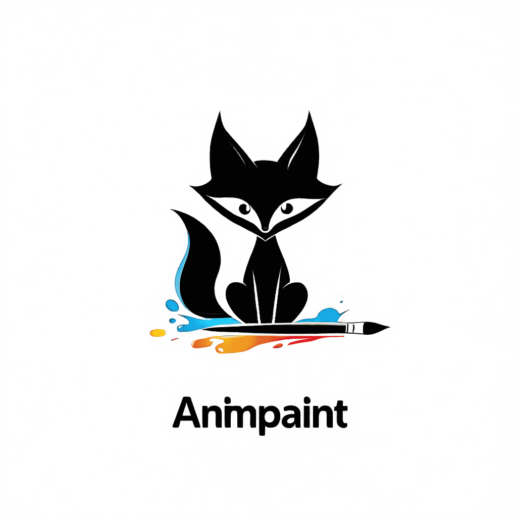 Design a minimalist, stick-figure-style logo for "Animpaint". The logo should feature a simple animal shape (such as a fox, owl, or wolf) made with clean, bold lines, combined with a basic paintbrush or splash element to emphasize art and creativity. Keep the design sleek, uncluttered, and easily recognizable in small sizes. Use a limited color palette—preferably monochrome or two-tone—to keep it simple yet impactful. The style should be fun, approachable, and instantly memorable, perfect for a creative channel that explains animals through art.