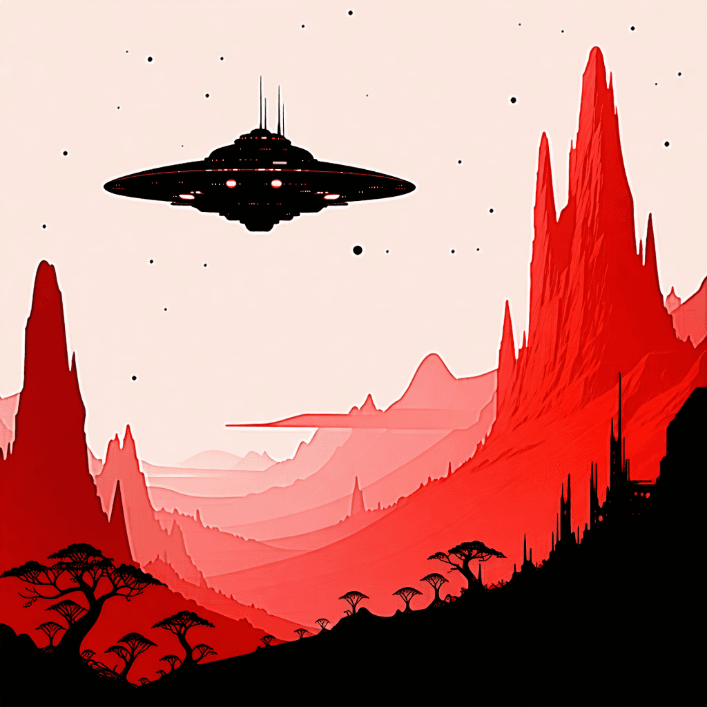 A minimalist YouTube banner featuring a surreal sci-fi landscape in shades of pastel red. A black silhouette of a classic alien spaceship hovers above a black silhouette of a city building or skyline. The entire background should be a smooth gradient or solid fill of pastel red, with subtle texture like faint stars or soft douds to add depth. The composition should feel cinematic and wide, maintaining a clean, uncluttered look Leave space on the left or right side for the channel name "animpaint" in a modem, futuristic font. The overall vibe should be mysterious, imaginative, and aligned with the "paint explain" .