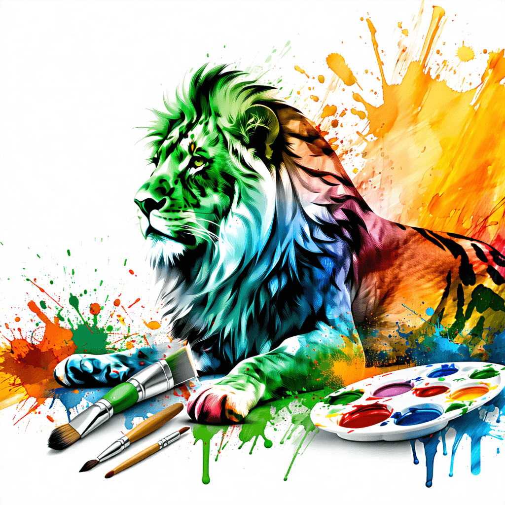Create a vibrant and eye-catching YouTube channel banner for "Animpaint", emphasizing the concept of explaining animals through painting. The design should feature a dynamic composition that blends realistic and artistic elements, such as detailed animal illustrations (like a lion, eagle, or tiger) integrated with colorful paint splashes, brush strokes, and creative textures. Incorporate visual elements that symbolize education and art, such as paint palettes, brushes, and artistic effects around the animals. Use a lively color palette with shades of green, blue, orange, and yellow to evoke nature, creativity, and excitement. Include space for the channel name, "Animpaint", with a modern, bold font that complements the artistic theme. The overall layout should be well-balanced, visually engaging, and capable of capturing viewers’ attention, clearly conveying that the channel focuses on paint explanations of animals—making complex wildlife facts accessible and fun through art.


