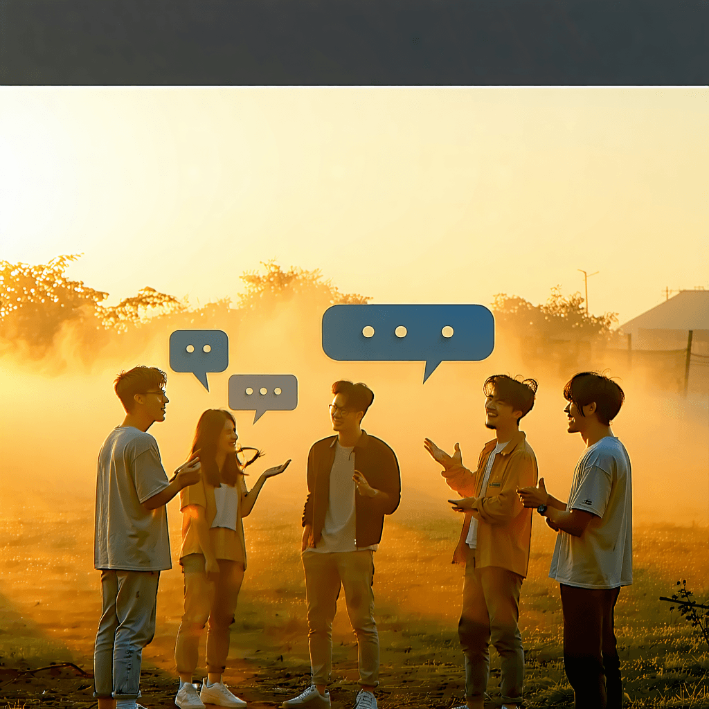 Create a wide-format hero banner capturing a vibrant, early morning scene in a rural setting where a group of characters are eagerly discussing an upcoming video shoot in a misty field. The main subject, a dynamic group of friends, stands in an asymmetrical composition, with one character gesturing animatedly, embodying the anticipation and camaraderie of the moment. Integrate speech bubbles seamlessly into the scene, containing the quoted conversation in bold and dynamic typography, enhancing the storytelling aspect. Use earthy tones with pops of vibrant colors to paint the scene, adding subtle fog effects to enhance the mood. Highlight characters with dynamic poses and expressive facial features showing anticipation. Incorporate symbolic elements like birds flying towards the horizon, signifying freedom, and add intricate details like the texture of the grass and fabric of their clothes moving in the breeze, creating a scene that rewards close inspection. Contrast light and dark elements for a balanced yet dynamic composition, ensuring the visual hierarchy emphasizes the main characters through size variation and placement.