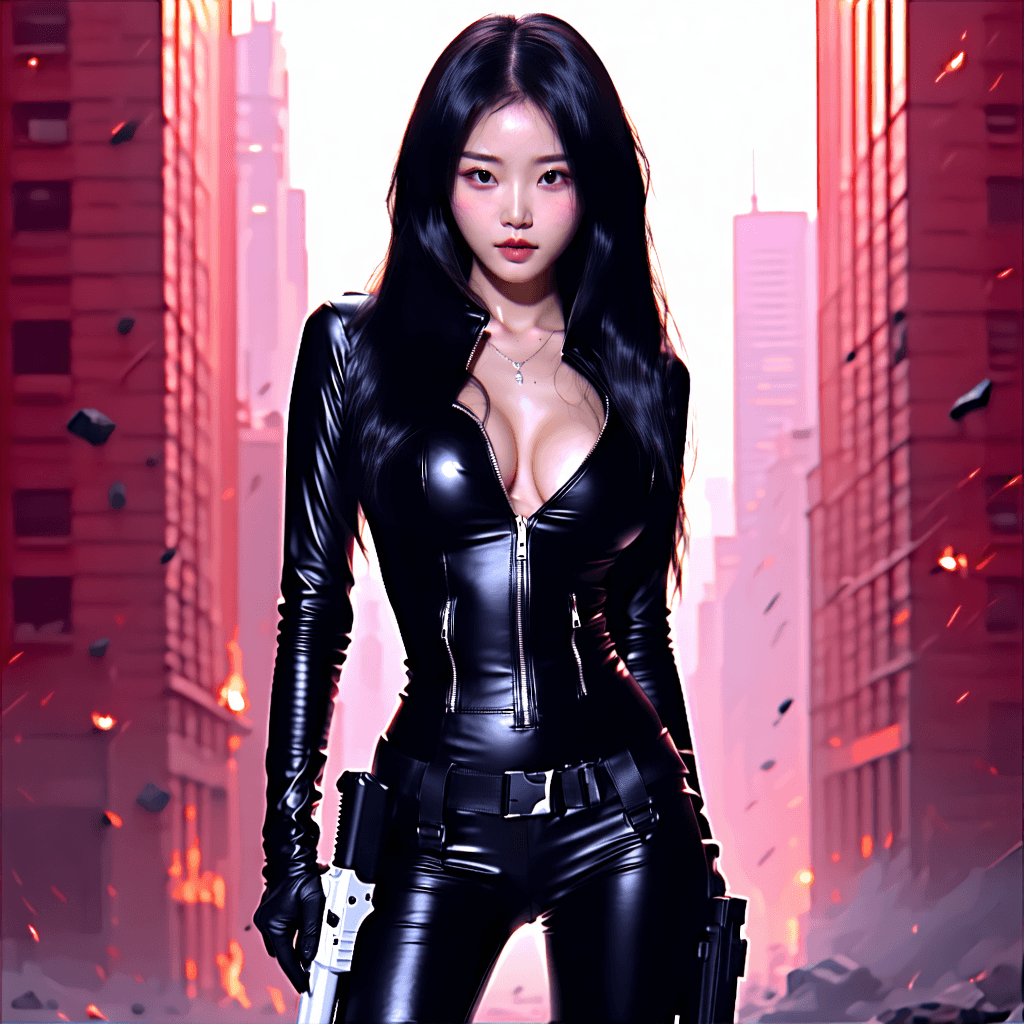 Create a photographic image capturing a beautiful woman with lustrous black hair and an intense gaze. She stands confidently in a sleek, skin-tight leather suit, detailed to emphasize its snug fit and texture, positioned dominantly according to the Rule of Thirds. Her posture radiates confidence and strength, complemented by a holster with a gun as a symbol of power. Employ soft Rembrandt lighting to cast dramatic shadows that sculpt her features, with a high-contrast black and white color grading to sharpen the image. In the background, an explosion mid-cityscape, rendered with realistic detail and a shallow depth of field to keep the focus on her. Introduce a subtle lens flare to add magic and intensity, ensuring it enhances rather than detracts. Aim for an 8k resolution for crisp detail throughout, from the leather texture to the city's architecture, in a professional, cinematic composition.