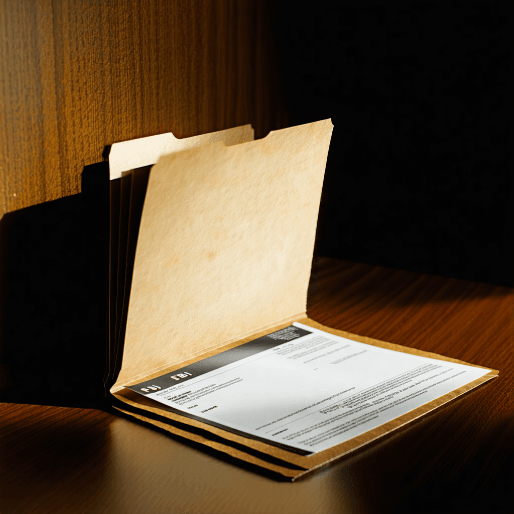 Envision a compelling flyer centered around an open FBI manilla folder, its contents slightly sprawling out to reveal a few files beneath the top one. Illuminate this scene with a subtle spotlight, ensuring the top file remains the focal point by keeping it in sharp focus against a softly blurred background of the other files, hinting at layers of intrigue. Let the folder rest slightly off-center in the frame, creating an engaging, dynamic composition. Embrace a monochromatic color scheme, with rich shades of brown to evoke a vintage atmosphere, enhancing the tactile texture of the manilla folder to make it feel palpably real. Within this meticulously arranged scene, include a partially visible, handwritten note peeking out from one of the files, adding a narrative element that beckons the viewer to lean in closer.