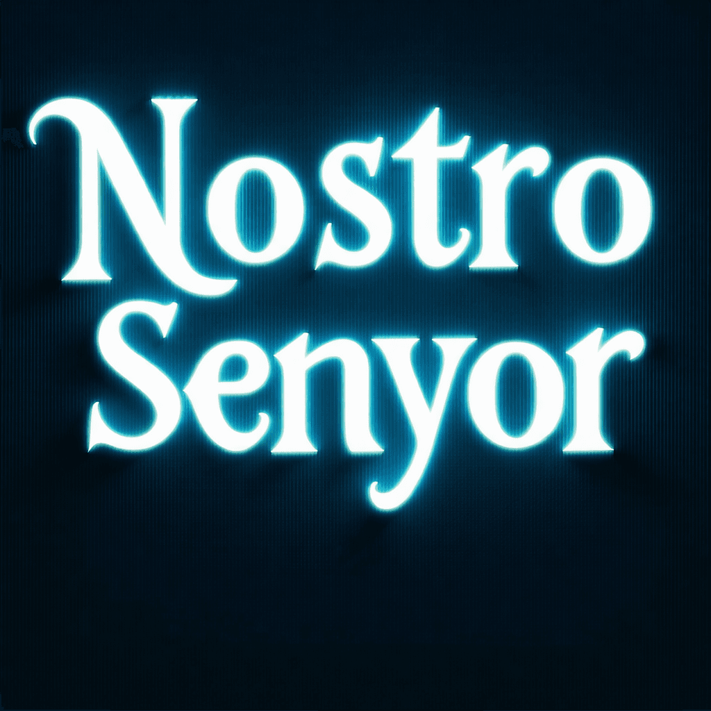 "Divinely inspired, towering letters, spelling out 'Nostro Senyor', glowing with an ethereal, celestial light."