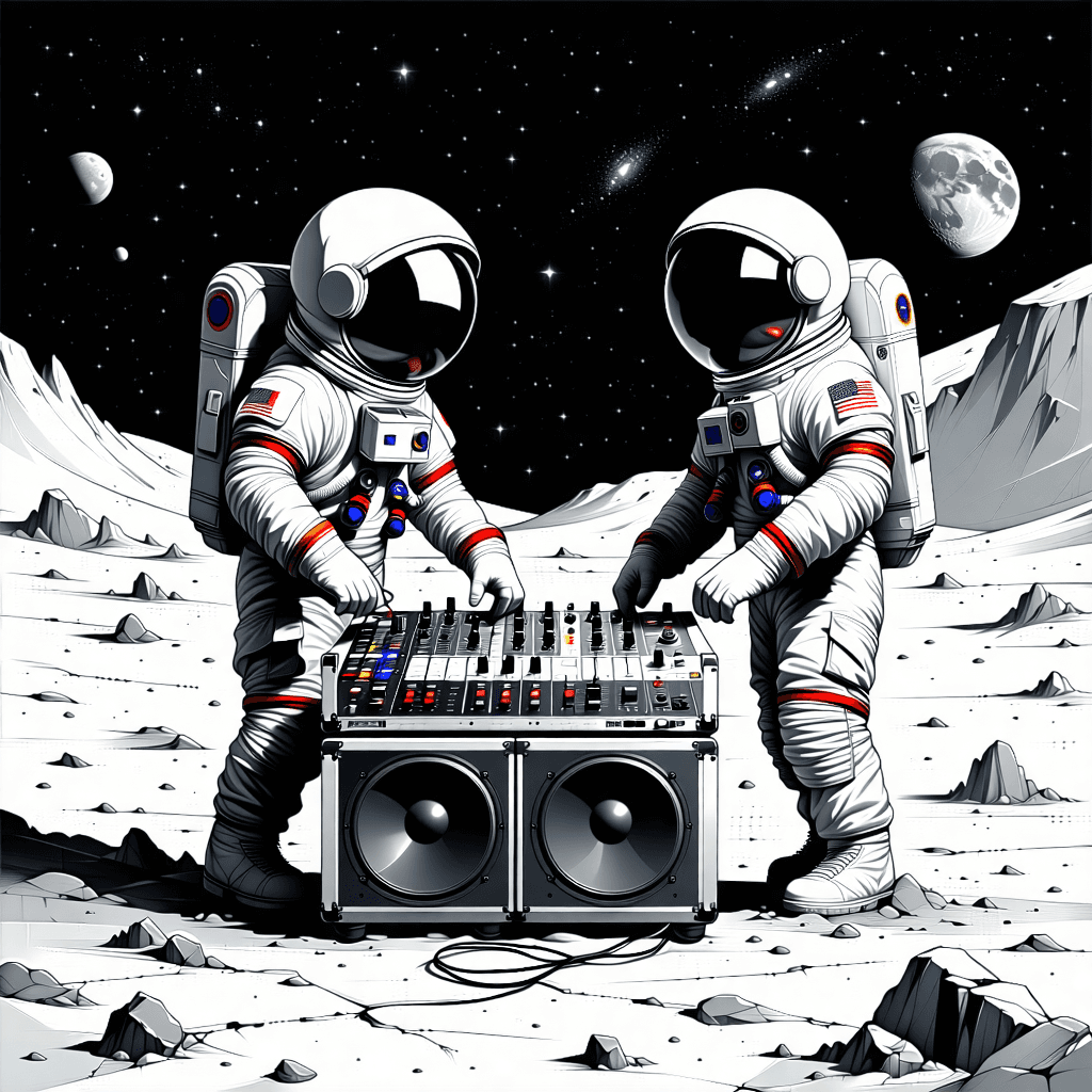 Create a portrait art capturing two cartoon astronauts, helmets on, obscuring their faces, as they are standing next to a soundsystem on the moon's surface and one of the astronauts is playing on a electronic drum pad with his hands while the other astronaut is using faders on a big sound mixer. The image should breathe life with wavy and dynamic lines, underpinned by a contrasting color scheme that emphasizes the surrealism of the scene. Position the astronauts in a dynamic diagonal composition, exuding confidence in their posture, adding a playful twist. In the backdrop, sketch a silhouette of their spaceship, integrating a cracked moon surface texture to enhance realism. The composition should be illuminated by low-key lighting, casting dramatic shadows and creating a subtle glow around the drum pad and sound mixer. Overlay a glowing cosmic aura that wraps the scene, with distant galaxies dotting the sky, instilling a sense of wonder. Tiny moon rocks scattered around the astronauts' feet and a detailed texture overlay should ground the scene in its lunar setting. Ensure to infuse the entire composition with humor and a sense of playfulness, making the extraordinary setting of playing music on the moon feel whimsically ordinary.