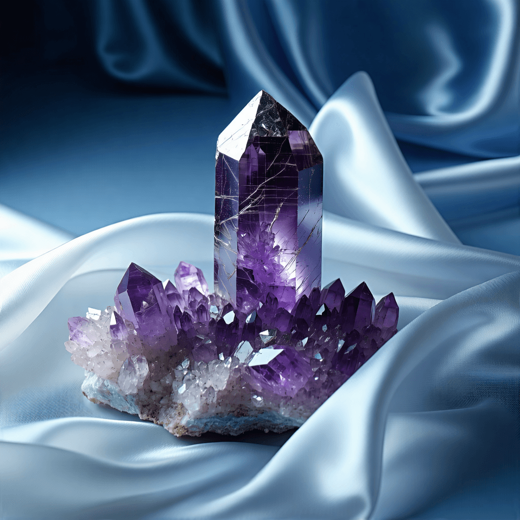 "4. Close-up image of an amethyst crystal on white silk, reflecting silver sparkles under cool blue-tinged light, deep depth of field, high fashion editorial style, 50mm lens --ar 3:4 --v 6 --style raw --q 2 --downlight
5. Serene woman in a flowing white robe perched cross-legged, hands clasped in meditation, eyes shut, enveloped by a soft silver glow, minimalist monochromatic setting,